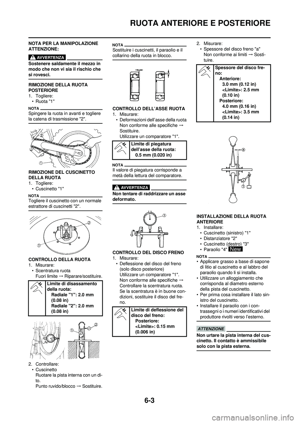 YAMAHA WR 250F 2010 Manuale duso (in Italian) 6-3
RUOTA ANTERIORE E POSTERIORE
NOTA PER LA MANIPOLAZIONE
ATTENZIONE:
Sostenere saldamente il mezzo in
modo che non vi sia il rischio che
si rovesci.
RIMOZIONE DELLA RUOTA
POSTERIORE
1. Togliere: YAMAHA WR 250F 2010 Manuale duso (in Italian) 6-3
RUOTA ANTERIORE E POSTERIORE
NOTA PER LA MANIPOLAZIONE
ATTENZIONE:
Sostenere saldamente il mezzo in
modo che non vi sia il rischio che
si rovesci.
RIMOZIONE DELLA RUOTA
POSTERIORE
1. Togliere: