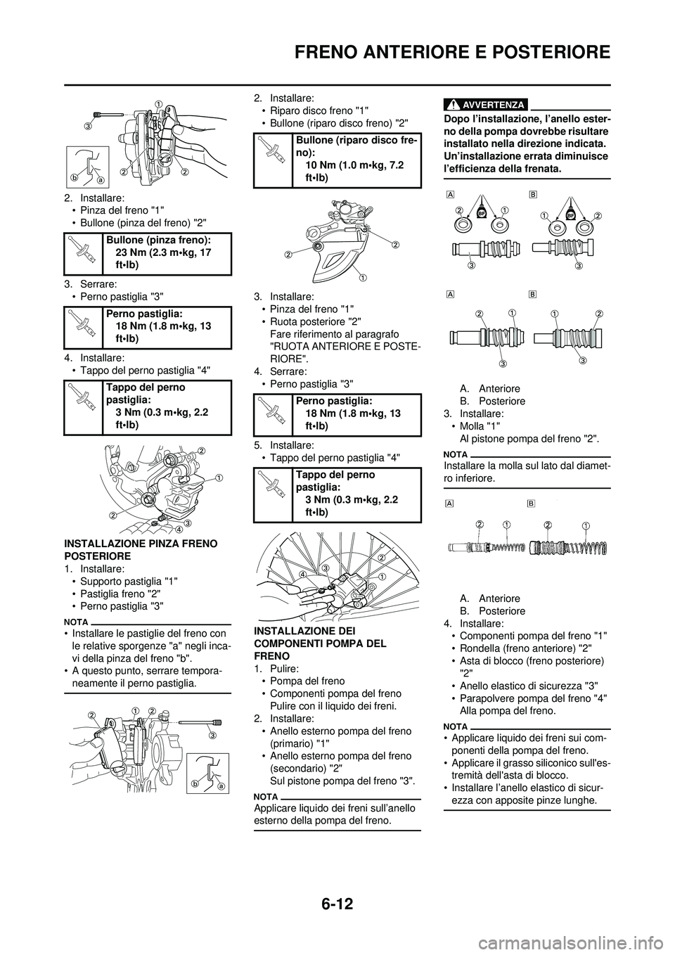 YAMAHA WR 250F 2010 Manuale duso (in Italian) 6-12
FRENO ANTERIORE E POSTERIORE
2. Installare:• Pinza del freno "1"
• Bullone (pinza del freno) "2"
3. Serrare: • Perno pastiglia "3"
4. Installare: • Tappo del perno pastiglia "4"
INSTALLAZ YAMAHA WR 250F 2010 Manuale duso (in Italian) 6-12
FRENO ANTERIORE E POSTERIORE
2. Installare:• Pinza del freno "1"
• Bullone (pinza del freno) "2"
3. Serrare: • Perno pastiglia "3"
4. Installare: • Tappo del perno pastiglia "4"
INSTALLAZ