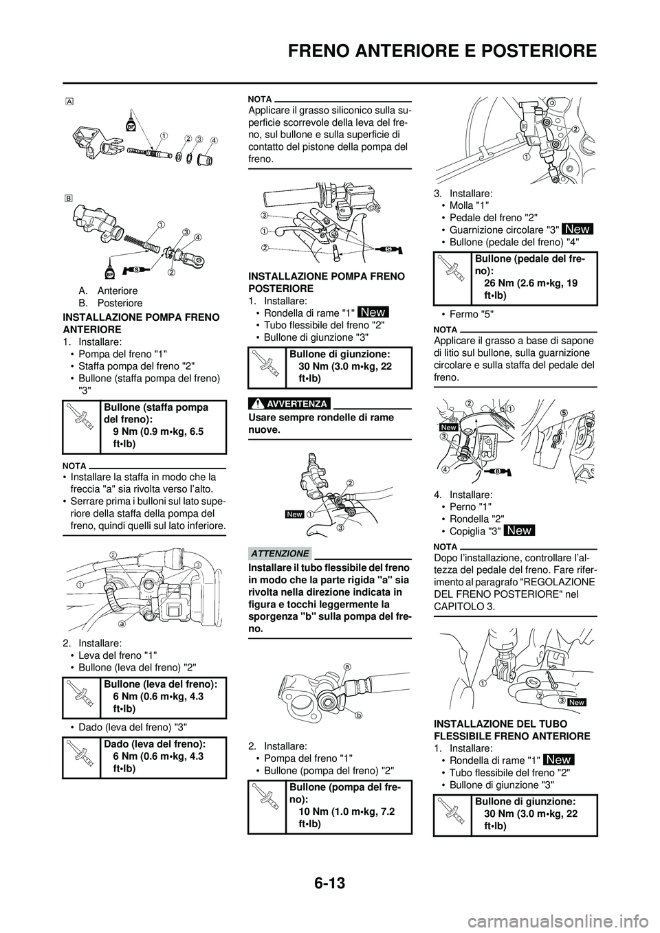 YAMAHA WR 250F 2010 Manuale duso (in Italian) 6-13
FRENO ANTERIORE E POSTERIORE
A. Anteriore
B. Posteriore
INSTALLAZIONE POMPA FRENO
ANTERIORE
1. Installare: • Pompa del freno "1"
• Staffa pompa del freno "2"
• Bullone (staffa pompa del fr YAMAHA WR 250F 2010 Manuale duso (in Italian) 6-13
FRENO ANTERIORE E POSTERIORE
A. Anteriore
B. Posteriore
INSTALLAZIONE POMPA FRENO
ANTERIORE
1. Installare: • Pompa del freno "1"
• Staffa pompa del freno "2"
• Bullone (staffa pompa del fr