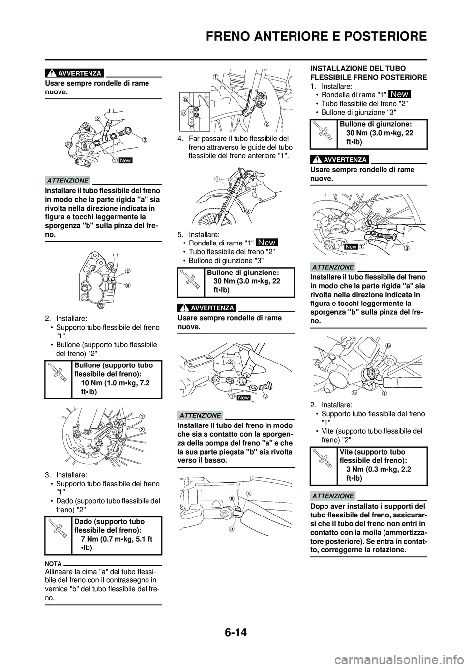 YAMAHA WR 250F 2010 Manuale duso (in Italian) 6-14
FRENO ANTERIORE E POSTERIORE
Usare sempre rondelle di rame
nuove.
Installare il tubo flessibile del freno
in modo che la parte rigida "a" sia
rivolta nella direzione indicata in
figura e tocc YAMAHA WR 250F 2010 Manuale duso (in Italian) 6-14
FRENO ANTERIORE E POSTERIORE
Usare sempre rondelle di rame
nuove.
Installare il tubo flessibile del freno
in modo che la parte rigida "a" sia
rivolta nella direzione indicata in
figura e tocc