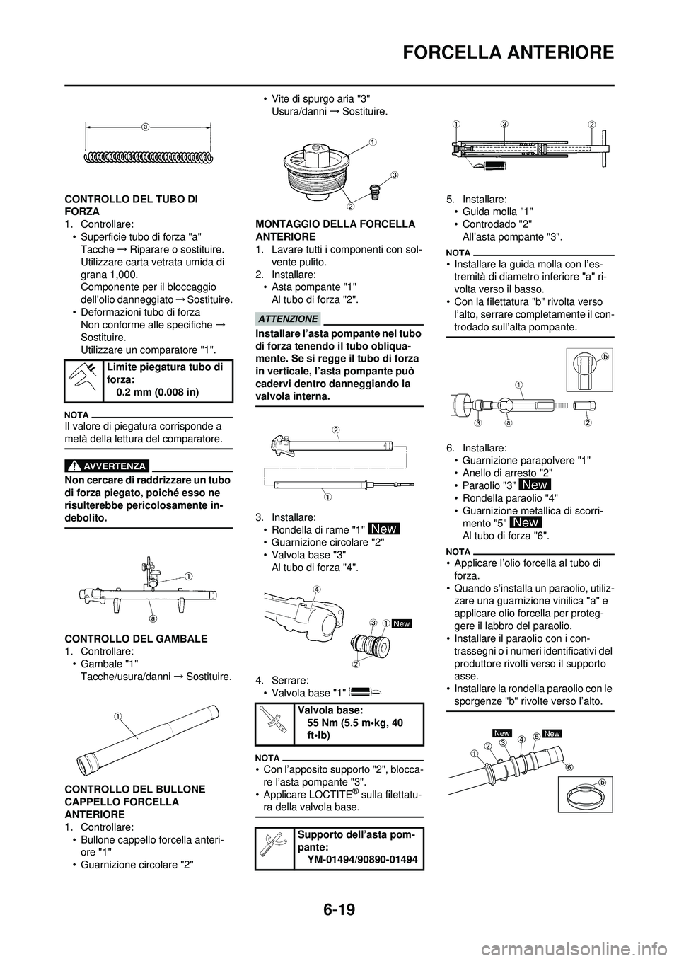 YAMAHA WR 250F 2010 Manuale duso (in Italian) 6-19
FORCELLA ANTERIORE
CONTROLLO DEL TUBO DI
FORZA
1. Controllare:• Superficie tubo di forza "a"Tacche →Riparare o sostituire.
Utilizzare carta vetrata umida di
grana 1,000.
Componente per il b YAMAHA WR 250F 2010 Manuale duso (in Italian) 6-19
FORCELLA ANTERIORE
CONTROLLO DEL TUBO DI
FORZA
1. Controllare:• Superficie tubo di forza "a"Tacche →Riparare o sostituire.
Utilizzare carta vetrata umida di
grana 1,000.
Componente per il b