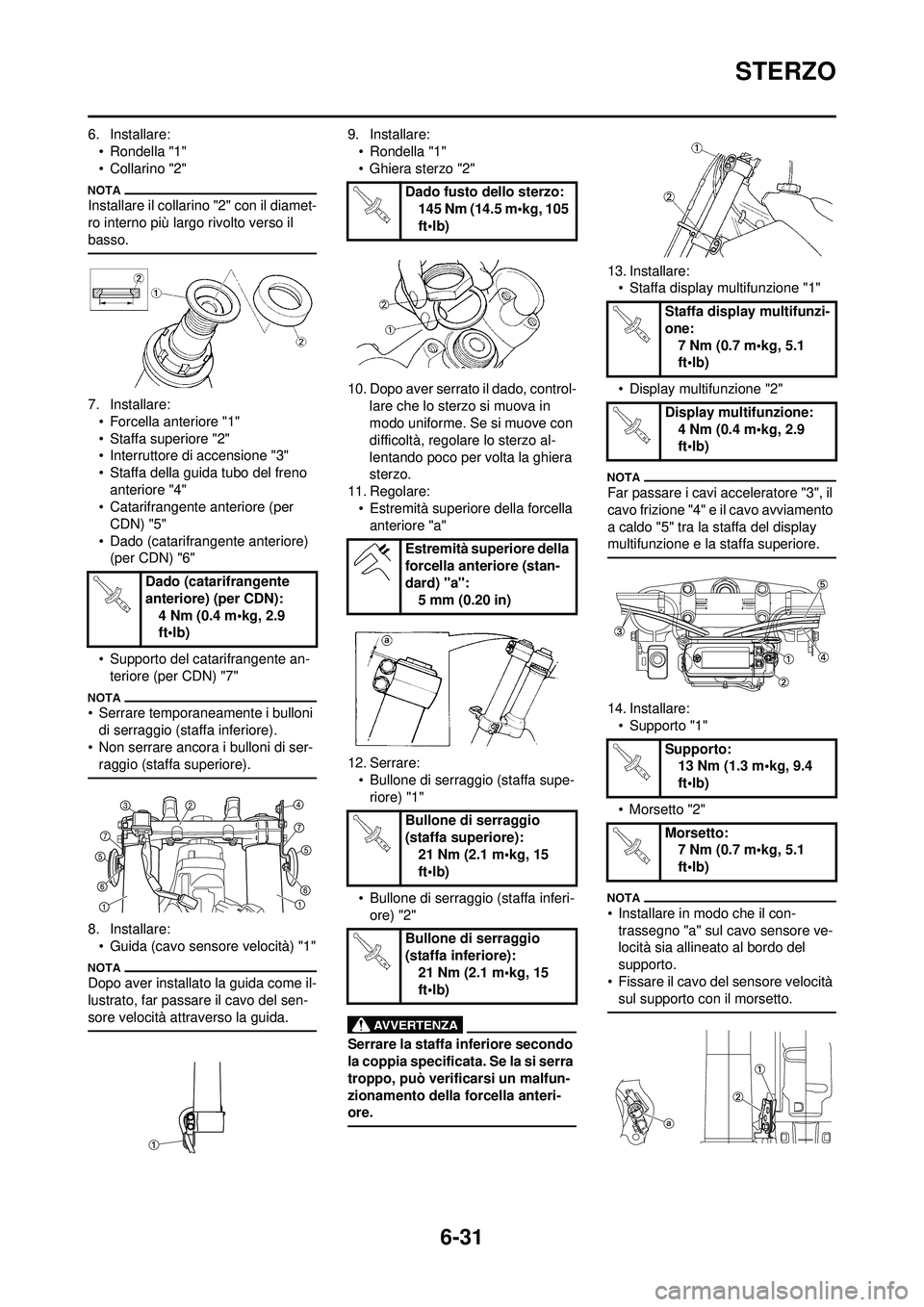 YAMAHA WR 250F 2010 Manuale duso (in Italian) 6-31
STERZO
6. Installare:• Rondella "1"
•Collarino "2"
Installare il collarino "2" con il diamet-
ro interno più largo rivolto verso il
basso.
7. Installare:• Forcella anteriore "1"
• Staff YAMAHA WR 250F 2010 Manuale duso (in Italian) 6-31
STERZO
6. Installare:• Rondella "1"
•Collarino "2"
Installare il collarino "2" con il diamet-
ro interno più largo rivolto verso il
basso.
7. Installare:• Forcella anteriore "1"
• Staff