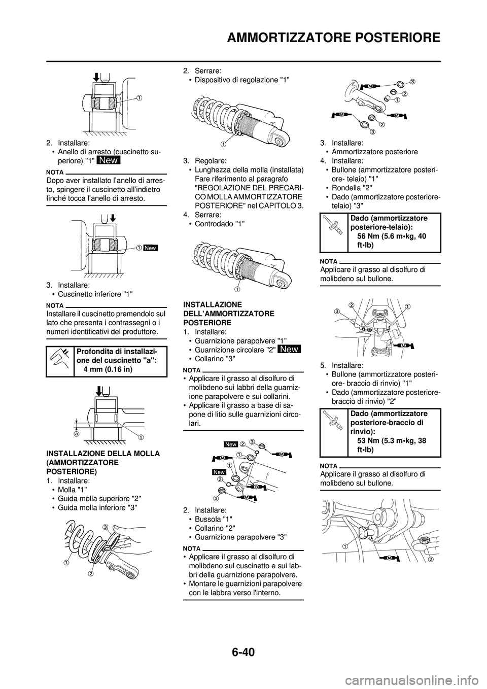 YAMAHA WR 250F 2010 Manuale duso (in Italian) 6-40
AMMORTIZZATORE POSTERIORE
2. Installare:• Anello di arresto (cuscinetto su-
periore) "1"
Dopo aver installato l’anello di arres-
to, spingere il cuscinetto all’indietro
finché tocca l’ YAMAHA WR 250F 2010 Manuale duso (in Italian) 6-40
AMMORTIZZATORE POSTERIORE
2. Installare:• Anello di arresto (cuscinetto su-
periore) "1"
Dopo aver installato l’anello di arres-
to, spingere il cuscinetto all’indietro
finché tocca l’