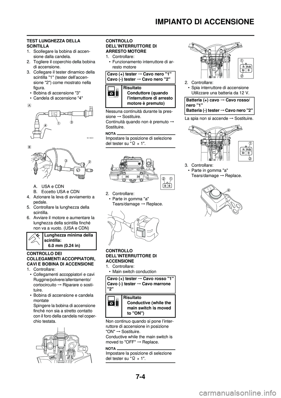 YAMAHA WR 250F 2010 Manuale duso (in Italian) 7-4
IMPIANTO DI ACCENSIONE
TEST LUNGHEZZA DELLA
SCINTILLA
1. Scollegare la bobina di accen-sione dalla candela.
2. Togliere il coperchio della bobina di accensione.
3. Collegare il tester dinamico d YAMAHA WR 250F 2010 Manuale duso (in Italian) 7-4
IMPIANTO DI ACCENSIONE
TEST LUNGHEZZA DELLA
SCINTILLA
1. Scollegare la bobina di accen-sione dalla candela.
2. Togliere il coperchio della bobina di accensione.
3. Collegare il tester dinamico d
