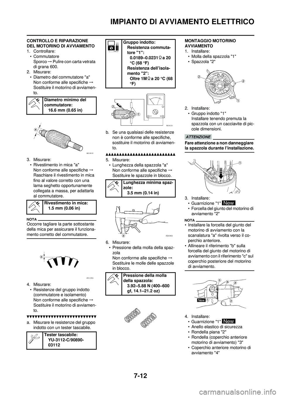 YAMAHA WR 250F 2010 Manuale duso (in Italian) 7-12
IMPIANTO DI AVVIAMENTO ELETTRICO
CONTROLLO E RIPARAZIONE
DEL MOTORINO DI AVVIAMENTO
1. Controllare:• Commutatore
Sporco →Pulire con carta vetrata
di grana 600.
2. Misurare:
• Diametro del YAMAHA WR 250F 2010 Manuale duso (in Italian) 7-12
IMPIANTO DI AVVIAMENTO ELETTRICO
CONTROLLO E RIPARAZIONE
DEL MOTORINO DI AVVIAMENTO
1. Controllare:• Commutatore
Sporco →Pulire con carta vetrata
di grana 600.
2. Misurare:
• Diametro del