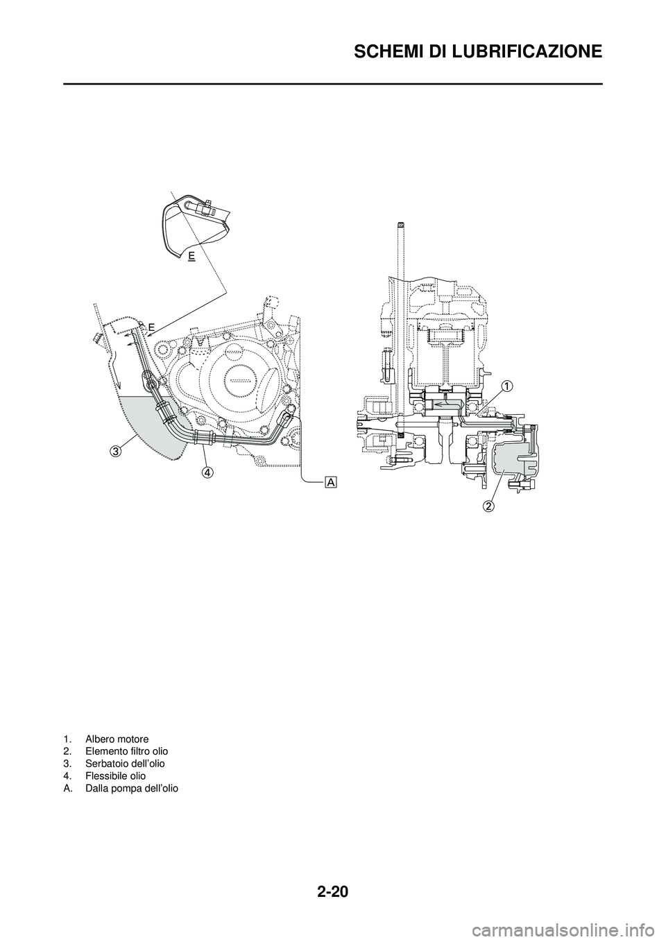 YAMAHA WR 250F 2010 Manuale duso (in Italian) 2-20
SCHEMI DI LUBRIFICAZIONE
1. Albero motore
2. Elemento filtro olio
3. Serbatoio dell’olio
4. Flessibile olio
A. Dalla pompa dell’olio YAMAHA WR 250F 2010 Manuale duso (in Italian) 2-20
SCHEMI DI LUBRIFICAZIONE
1. Albero motore
2. Elemento filtro olio
3. Serbatoio dell’olio
4. Flessibile olio
A. Dalla pompa dell’olio