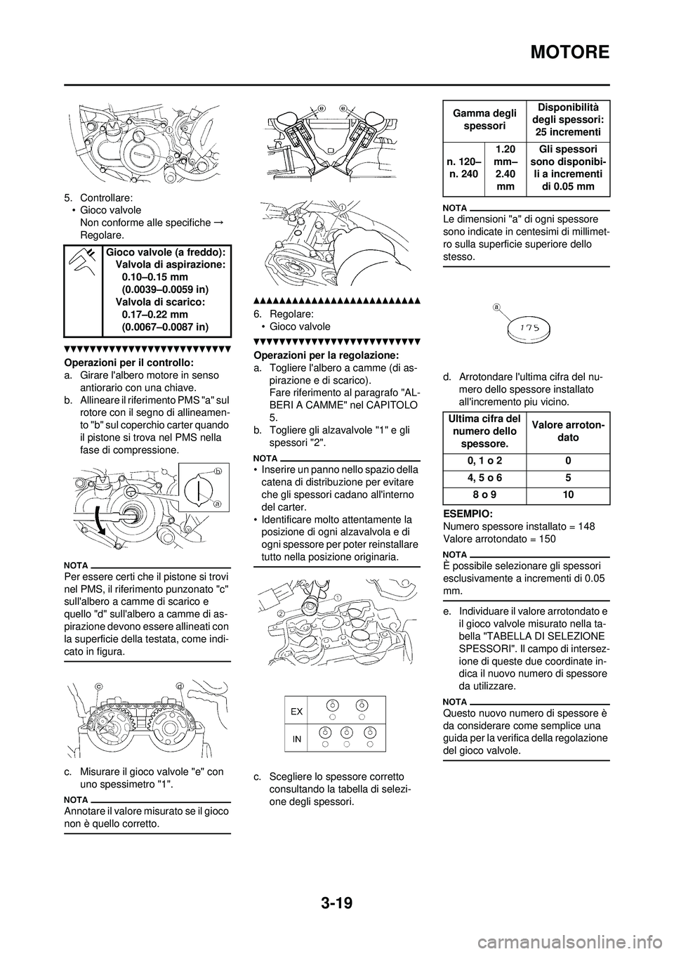 YAMAHA WR 250F 2010 Manuale duso (in Italian) 3-19
MOTORE
5. Controllare:• Gioco valvole
Non conforme alle specifiche →
Regolare.
Operazioni per il controllo:
a. Girare lalbero motore in senso
antiorario con una chiave.
b. Allineare il rife YAMAHA WR 250F 2010 Manuale duso (in Italian) 3-19
MOTORE
5. Controllare:• Gioco valvole
Non conforme alle specifiche →
Regolare.
Operazioni per il controllo:
a. Girare lalbero motore in senso
antiorario con una chiave.
b. Allineare il rife