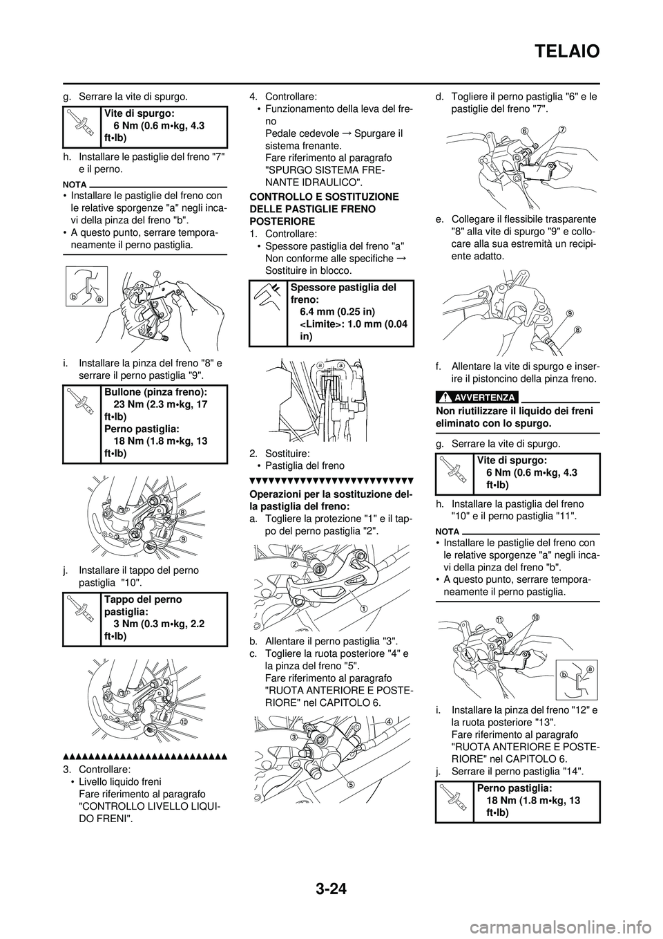 YAMAHA WR 250F 2010 Manuale duso (in Italian) 3-24
TELAIO
g. Serrare la vite di spurgo.
h. Installare le pastiglie del freno "7" e il perno.
• Installare le pastiglie del freno con le relative sporgenze "a" negli inca-
vi della pinza del freno YAMAHA WR 250F 2010 Manuale duso (in Italian) 3-24
TELAIO
g. Serrare la vite di spurgo.
h. Installare le pastiglie del freno "7" e il perno.
• Installare le pastiglie del freno con le relative sporgenze "a" negli inca-
vi della pinza del freno