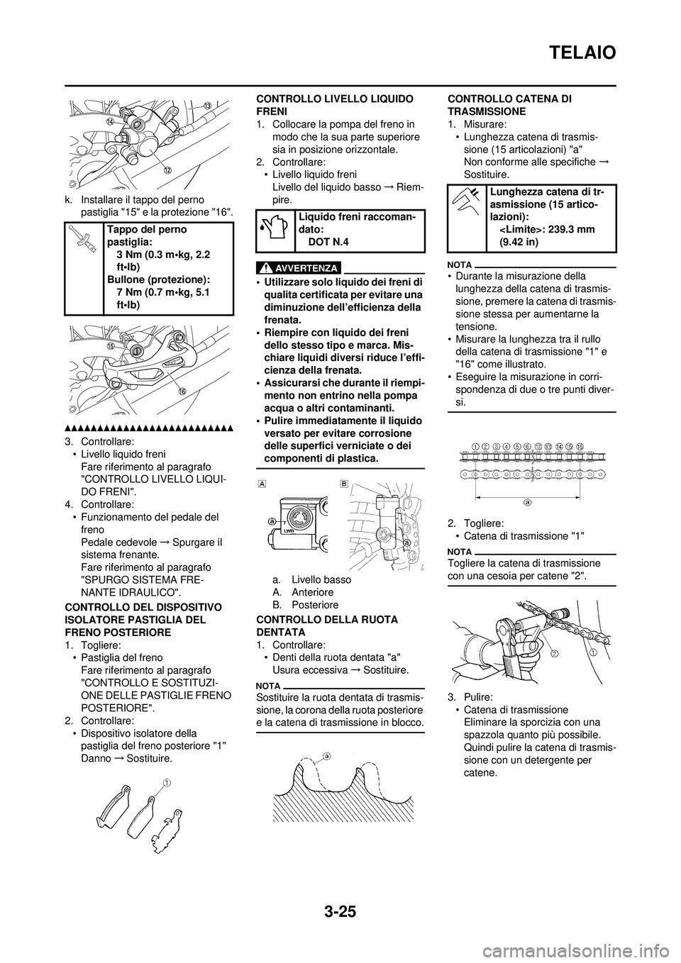 YAMAHA WR 250F 2010 Manuale duso (in Italian) 3-25
TELAIO
k. Installare il tappo del perno pastiglia "15" e la protezione "16".
3. Controllare:• Livello liquido freni
Fare riferimento al paragrafo
"CONTROLLO LIVELLO LIQUI-
DO FRENI".
4. Contro YAMAHA WR 250F 2010 Manuale duso (in Italian) 3-25
TELAIO
k. Installare il tappo del perno pastiglia "15" e la protezione "16".
3. Controllare:• Livello liquido freni
Fare riferimento al paragrafo
"CONTROLLO LIVELLO LIQUI-
DO FRENI".
4. Contro