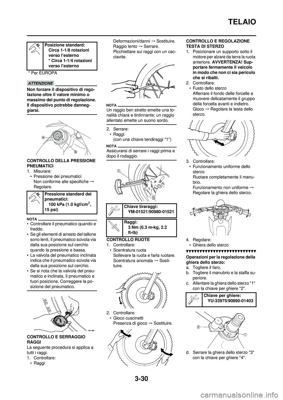 YAMAHA WR 250F 2010 Manuale duso (in Italian) 3-30
TELAIO
Non forzare il dispositivo di rego-
lazione oltre il valore minimo o
massimo del punto di regolazione.
Il dispositivo potrebbe danneg-
giarsi.
CONTROLLO DELLA PRESSIONE
PNEUMATICI
1. Mi YAMAHA WR 250F 2010 Manuale duso (in Italian) 3-30
TELAIO
Non forzare il dispositivo di rego-
lazione oltre il valore minimo o
massimo del punto di regolazione.
Il dispositivo potrebbe danneg-
giarsi.
CONTROLLO DELLA PRESSIONE
PNEUMATICI
1. Mi