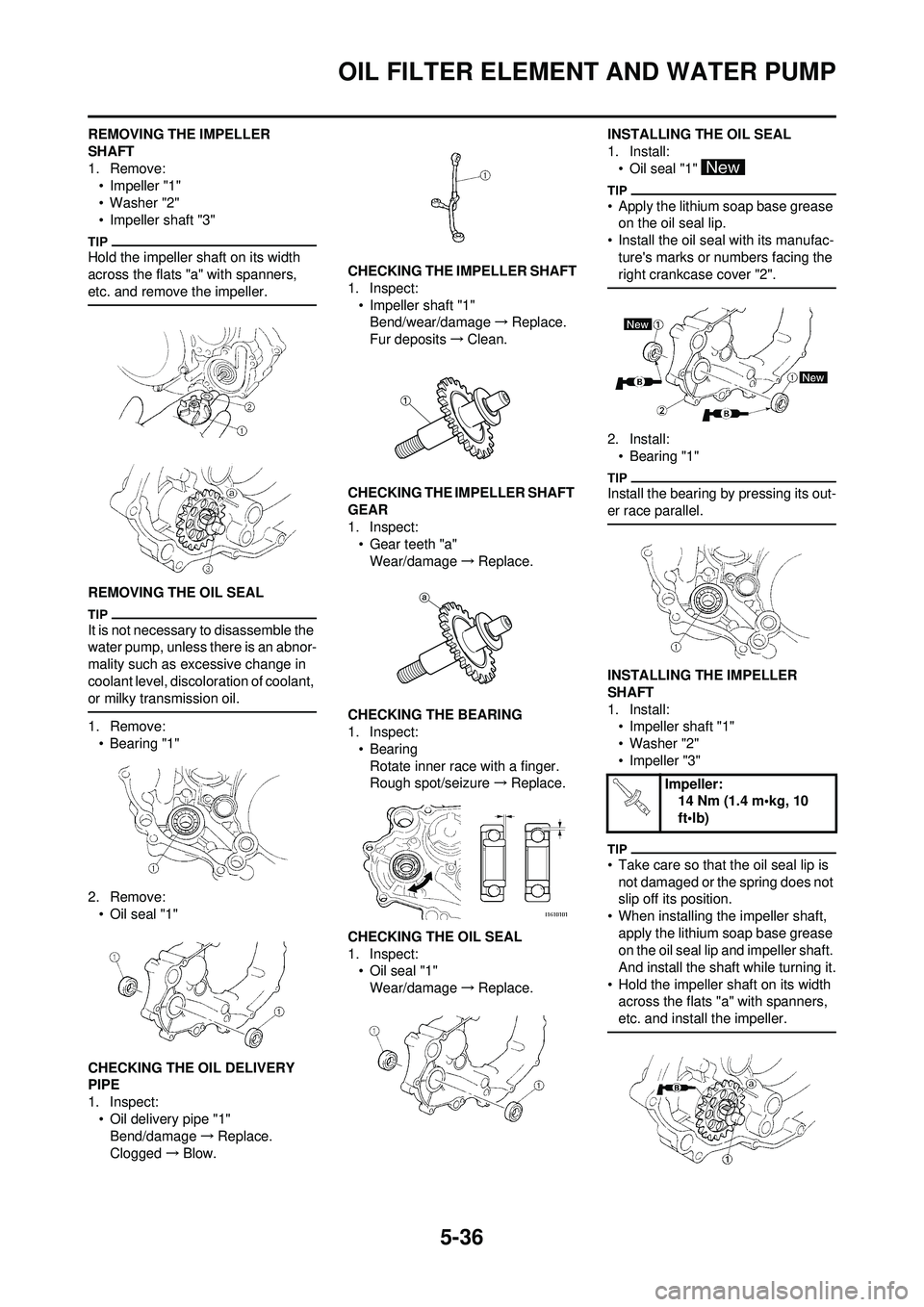 YAMAHA WR 250F 2009  Owners Manual 5-36
OIL FILTER ELEMENT AND WATER PUMP
REMOVING THE IMPELLER 
SHAFT
1. Remove:•Impeller "1"
• Washer "2"
• Impeller shaft "3"
Hold the impeller shaft on its width 
across the flats "a" with span