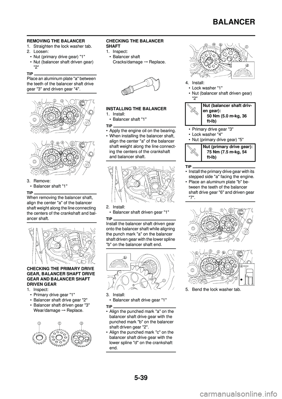 YAMAHA WR 250F 2009  Owners Manual 5-39
BALANCER
REMOVING THE BALANCER
1. Straighten the lock washer tab.
2. Loosen:• Nut (primary drive gear) "1"
• Nut (balancer shaft driven gear) 
"2"
Place an aluminum plate "a" between 
the tee