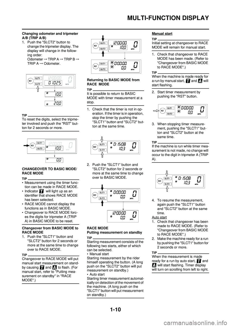 YAMAHA WR 250F 2009  Owners Manual 1-10
MULTI-FUNCTION DISPLAY
Changing odometer and tripmeter 
A/B (TRIP A/B)
1. Push the "SLCT2" button to change the tripmeter display. The 
display will change in the follow-
ing order:
Odometer  →