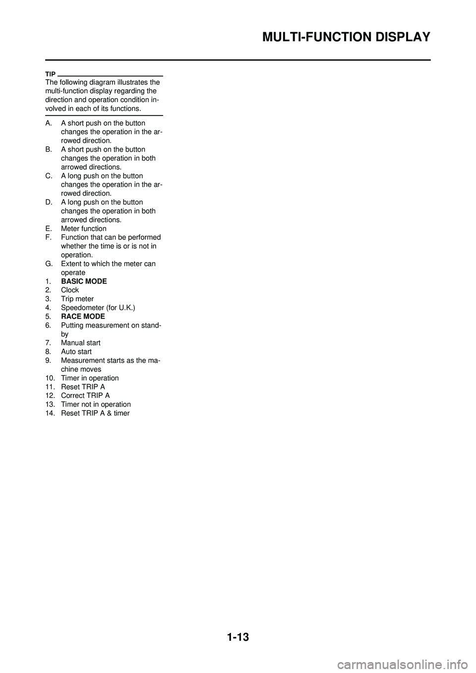 YAMAHA WR 250F 2009  Owners Manual 1-13
MULTI-FUNCTION DISPLAY
The following diagram illustrates the 
multi-function display regarding the 
direction and operation condition in-
volved in each of its functions.
A. A short push on the b