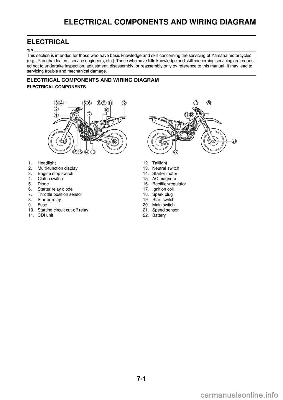 YAMAHA WR 250F 2009 User Guide 7-1
ELECTRICAL COMPONENTS AND WIRING DIAGRAM
ELECTRICAL
This section is intended for those who have basic knowledge and skill concerning the servicing of Yamaha motorcycles
(e.g., Yamaha dealers, ser YAMAHA WR 250F 2009 User Guide 7-1
ELECTRICAL COMPONENTS AND WIRING DIAGRAM
ELECTRICAL
This section is intended for those who have basic knowledge and skill concerning the servicing of Yamaha motorcycles
(e.g., Yamaha dealers, ser