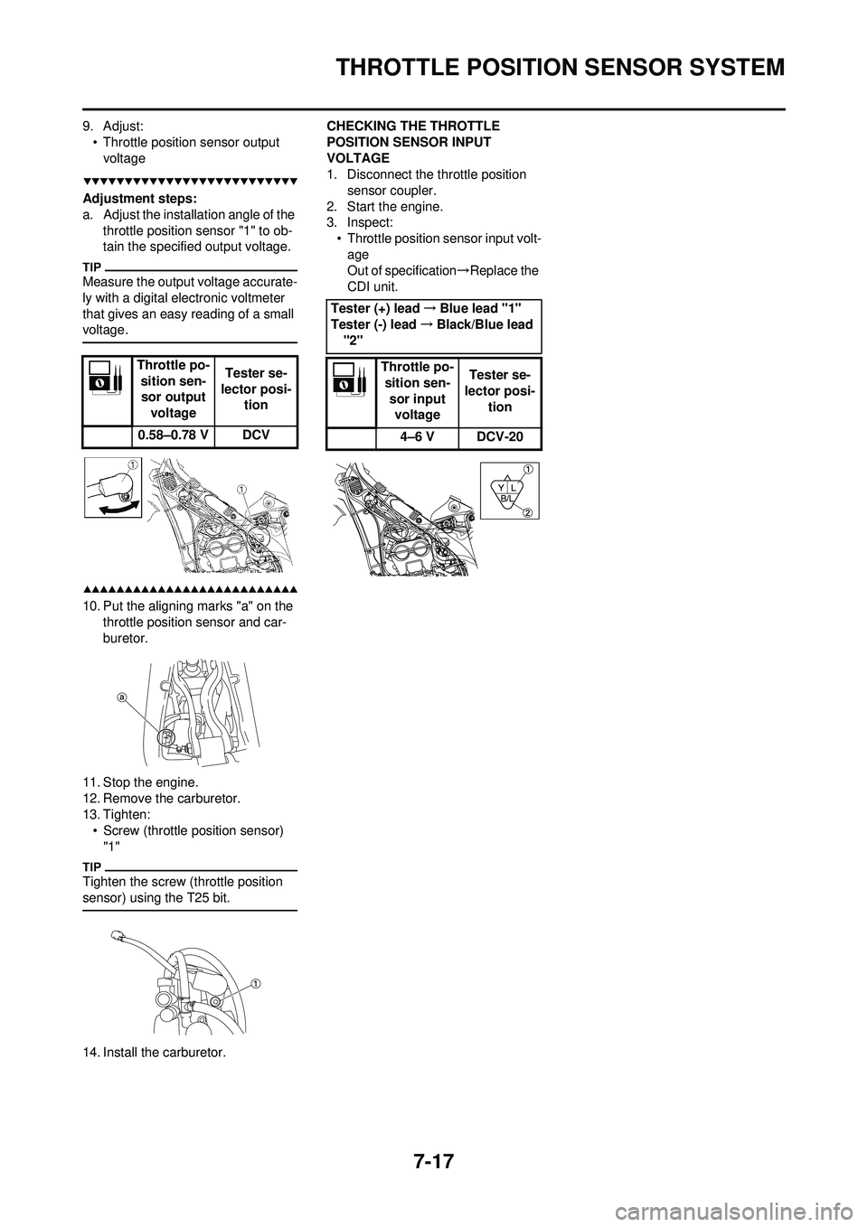 YAMAHA WR 250F 2009 User Guide 7-17
THROTTLE POSITION SENSOR SYSTEM
9. Adjust:• Throttle position sensor output voltage
Adjustment steps:
a. Adjust the installation angle of the throttle position sensor "1" to ob-
tain the speci YAMAHA WR 250F 2009 User Guide 7-17
THROTTLE POSITION SENSOR SYSTEM
9. Adjust:• Throttle position sensor output voltage
Adjustment steps:
a. Adjust the installation angle of the throttle position sensor "1" to ob-
tain the speci