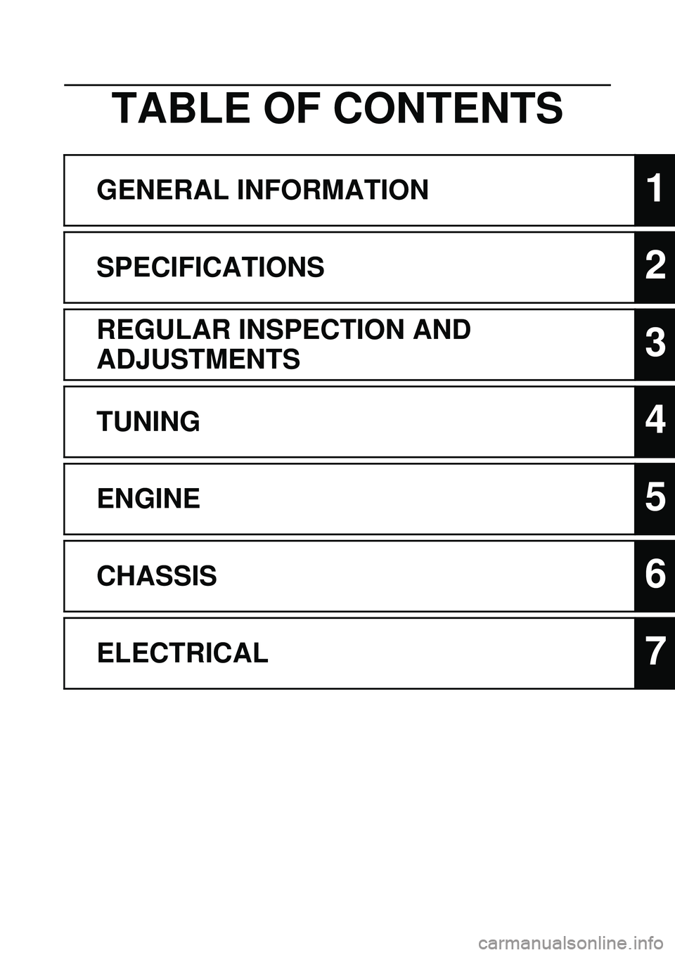YAMAHA WR 250F 2009 Owners Manual TABLE OF CONTENTS
GENERAL INFORMATION1
SPECIFICATIONS2
REGULAR INSPECTION AND
ADJUSTMENTS
3
TUNING4
ENGINE5
CHASSIS6
ELECTRICAL7 YAMAHA WR 250F 2009 Owners Manual TABLE OF CONTENTS
GENERAL INFORMATION1
SPECIFICATIONS2
REGULAR INSPECTION AND
ADJUSTMENTS
3
TUNING4
ENGINE5
CHASSIS6
ELECTRICAL7