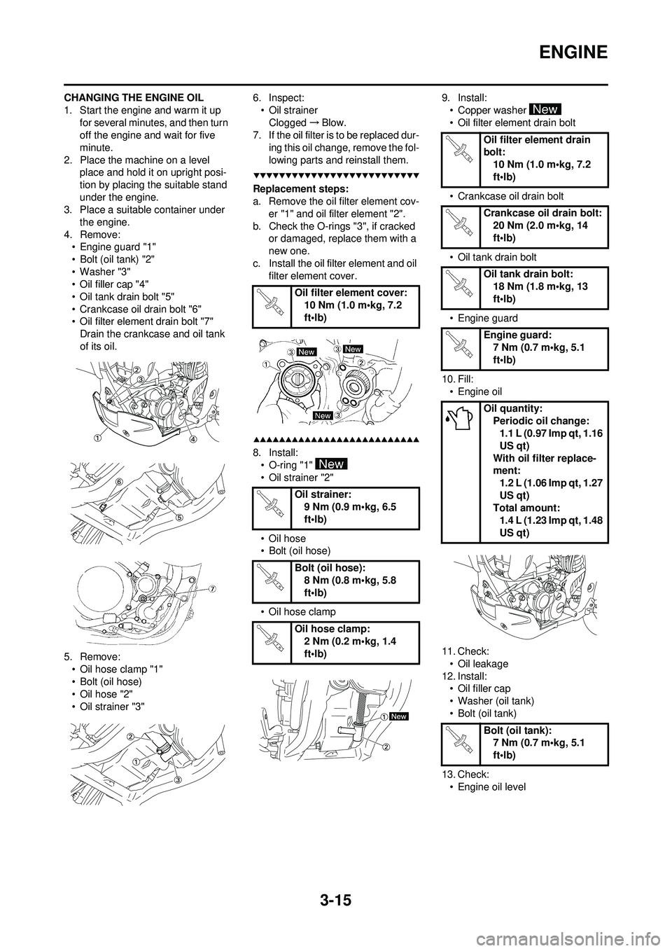 YAMAHA WR 250F 2009 Repair Manual 3-15
ENGINE
CHANGING THE ENGINE OIL
1. Start the engine and warm it up for several minutes, and then turn
off the engine and wait for five
minute.
2. Place the machine on a level place and hold it YAMAHA WR 250F 2009 Repair Manual 3-15
ENGINE
CHANGING THE ENGINE OIL
1. Start the engine and warm it up for several minutes, and then turn
off the engine and wait for five
minute.
2. Place the machine on a level place and hold it