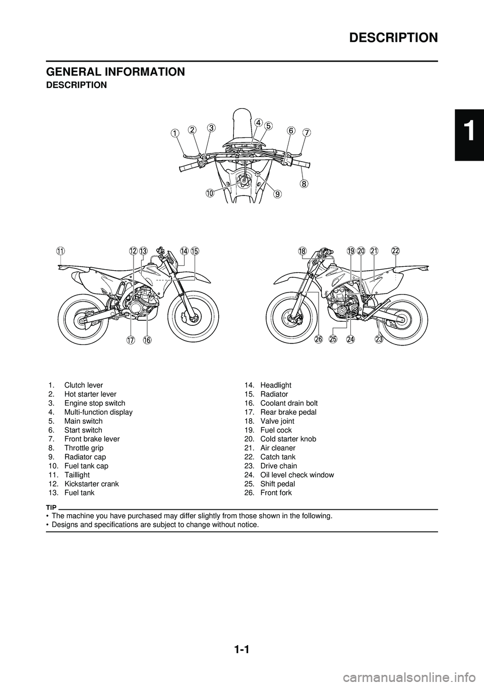 YAMAHA WR 250F 2009  Owners Manual 1-1
DESCRIPTION
GENERAL INFORMATION
DESCRIPTION
• The machine you have purchased may differ slightly from those shown in the following.
• Designs and specifications are subject to change without n