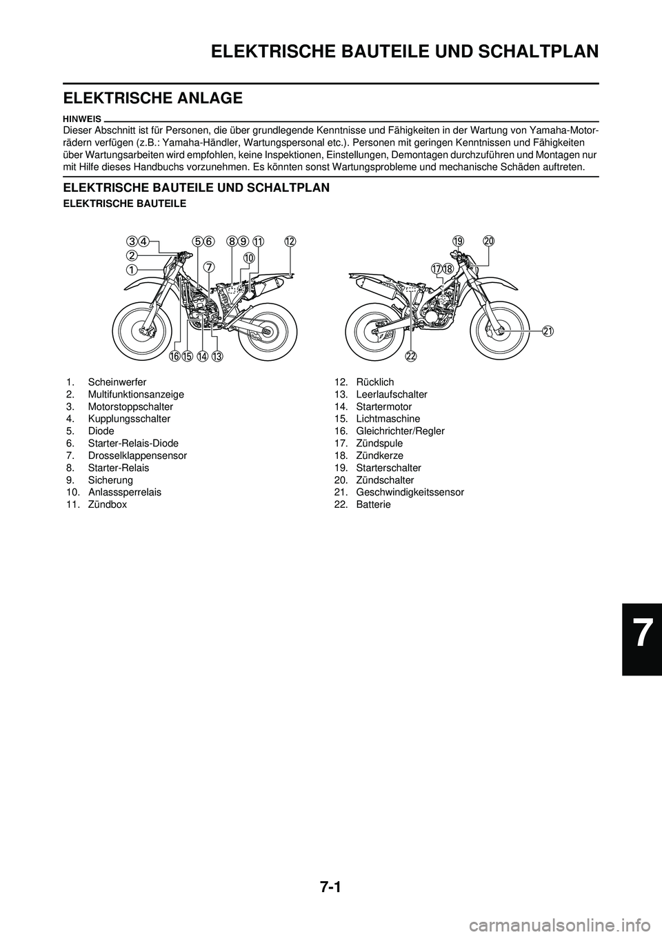 YAMAHA WR 250F 2009 Betriebsanleitungen (in German) 7-1
ELEKTRISCHE BAUTEILE UND SCHALTPLAN
ELEKTRISCHE ANLAGE
Dieser Abschnitt ist für Personen, die über grundlegende Kenntnisse und Fähigkeiten in der Wartung von Yamaha-Motor-
rädern verfügen (z. YAMAHA WR 250F 2009 Betriebsanleitungen (in German) 7-1
ELEKTRISCHE BAUTEILE UND SCHALTPLAN
ELEKTRISCHE ANLAGE
Dieser Abschnitt ist für Personen, die über grundlegende Kenntnisse und Fähigkeiten in der Wartung von Yamaha-Motor-
rädern verfügen (z.