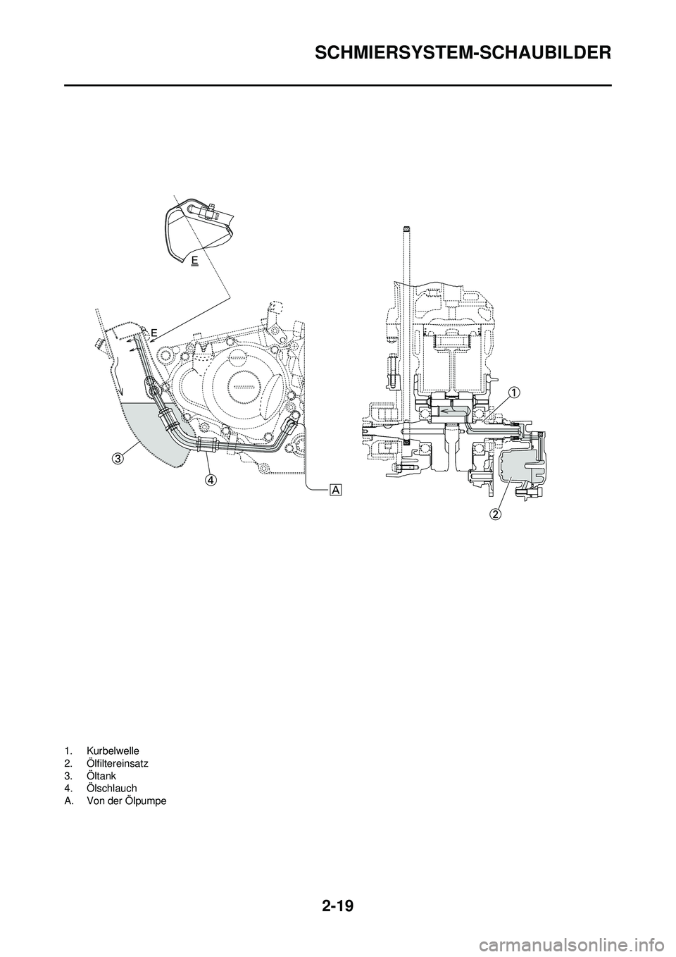 YAMAHA WR 250F 2009  Betriebsanleitungen (in German) 2-19
SCHMIERSYSTEM-SCHAUBILDER
1. Kurbelwelle
2. Ölfiltereinsatz
3. Öltank
4. Ölschlauch
A. Von der Ölpumpe 