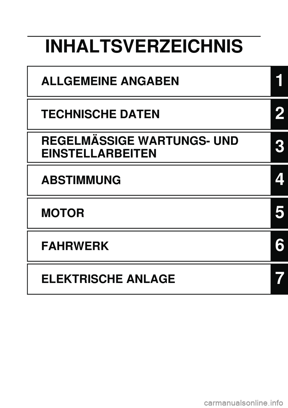 YAMAHA WR 250F 2009 Betriebsanleitungen (in German) INHALTSVERZEICHNIS
ALLGEMEINE ANGABEN1
TECHNISCHE DATEN2
REGELMÄSSIGE WARTUNGS- UND
EINSTELLARBEITEN
3
ABSTIMMUNG4
MOTOR5
FAHRWERK6
ELEKTRISCHE ANLAGE7 YAMAHA WR 250F 2009 Betriebsanleitungen (in German) INHALTSVERZEICHNIS
ALLGEMEINE ANGABEN1
TECHNISCHE DATEN2
REGELMÄSSIGE WARTUNGS- UND
EINSTELLARBEITEN
3
ABSTIMMUNG4
MOTOR5
FAHRWERK6
ELEKTRISCHE ANLAGE7