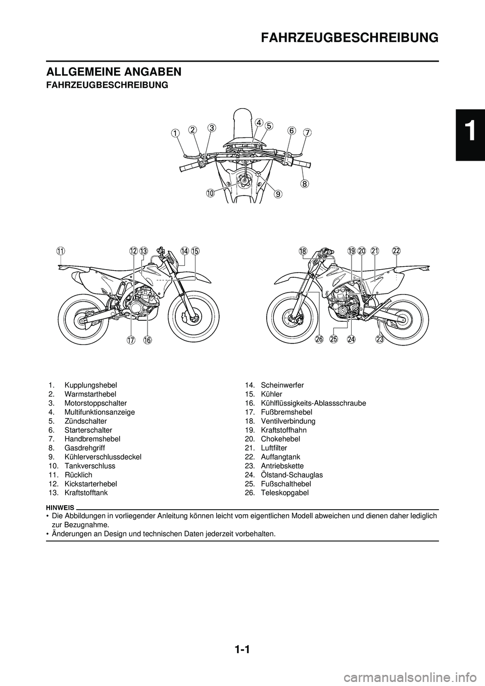 YAMAHA WR 250F 2009 Betriebsanleitungen (in German) 1-1
FAHRZEUGBESCHREIBUNG
ALLGEMEINE ANGABEN
FAHRZEUGBESCHREIBUNG
• Die Abbildungen in vorliegender Anleitung können leicht vom eigentlichen Modell abweichen und dienen daher lediglich zur Bezugnahm YAMAHA WR 250F 2009 Betriebsanleitungen (in German) 1-1
FAHRZEUGBESCHREIBUNG
ALLGEMEINE ANGABEN
FAHRZEUGBESCHREIBUNG
• Die Abbildungen in vorliegender Anleitung können leicht vom eigentlichen Modell abweichen und dienen daher lediglich zur Bezugnahm