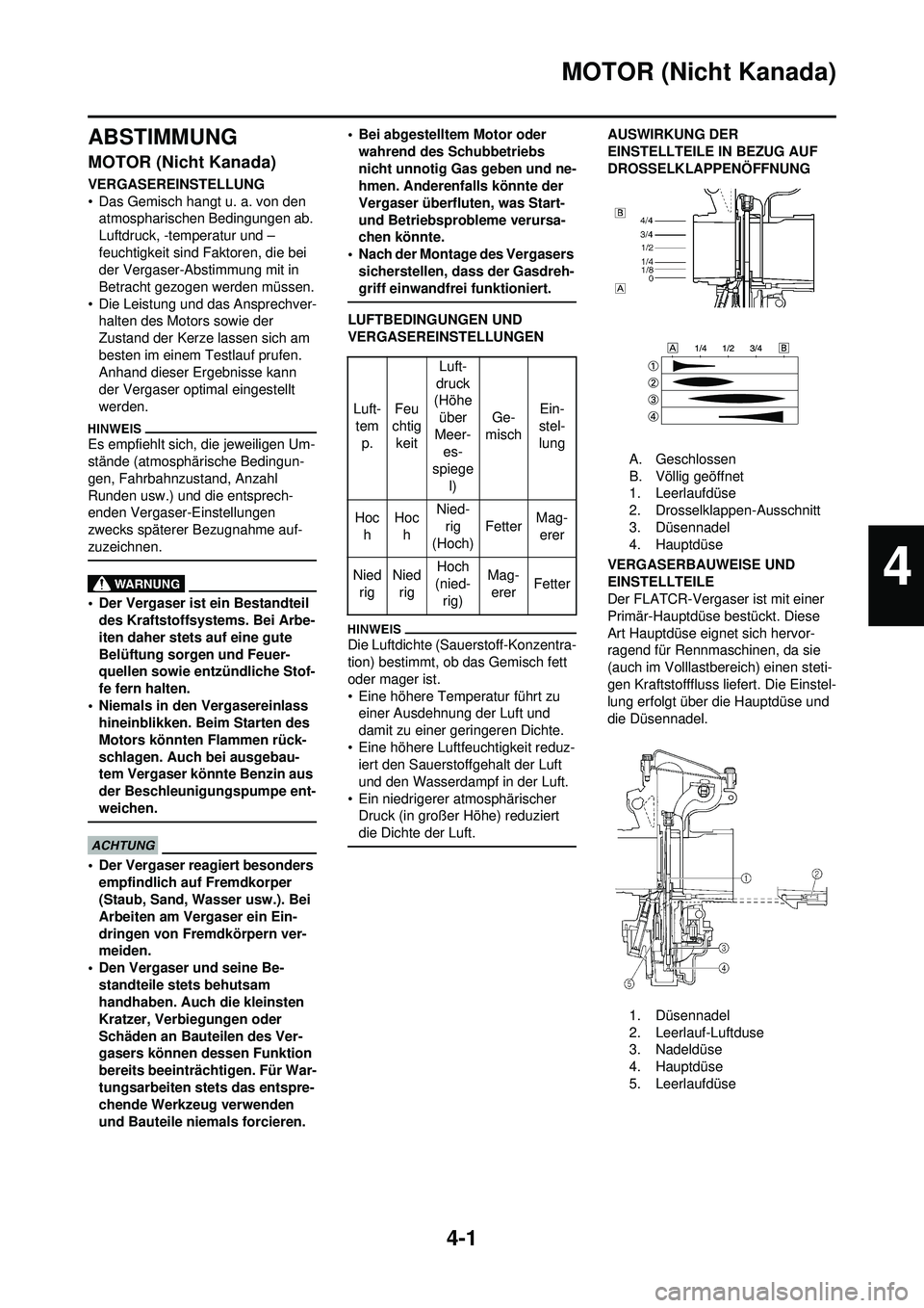 YAMAHA WR 250F 2009 Betriebsanleitungen (in German) 4-1
MOTOR (Nicht Kanada)
ABSTIMMUNG
MOTOR (Nicht Kanada)
VERGASEREINSTELLUNG
• Das Gemisch hangt u. a. von den atmospharischen Bedingungen ab.
Luftdruck, -temperatur und –
feuchtigkeit sind Fakto YAMAHA WR 250F 2009 Betriebsanleitungen (in German) 4-1
MOTOR (Nicht Kanada)
ABSTIMMUNG
MOTOR (Nicht Kanada)
VERGASEREINSTELLUNG
• Das Gemisch hangt u. a. von den atmospharischen Bedingungen ab.
Luftdruck, -temperatur und –
feuchtigkeit sind Fakto