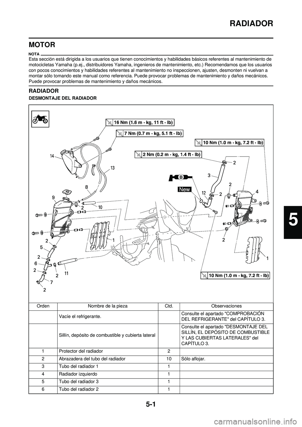 YAMAHA WR 250F 2009 Manuale de Empleo (in Spanish) 5-1
RADIADOR
MOTOR
Esta sección está dirigida a los usuarios que tienen conocimientos y habilidades básicos referentes al mantenimiento de
motocicletas Yamaha (p.ej., distribuidores Yamaha, ingeni YAMAHA WR 250F 2009 Manuale de Empleo (in Spanish) 5-1
RADIADOR
MOTOR
Esta sección está dirigida a los usuarios que tienen conocimientos y habilidades básicos referentes al mantenimiento de
motocicletas Yamaha (p.ej., distribuidores Yamaha, ingeni