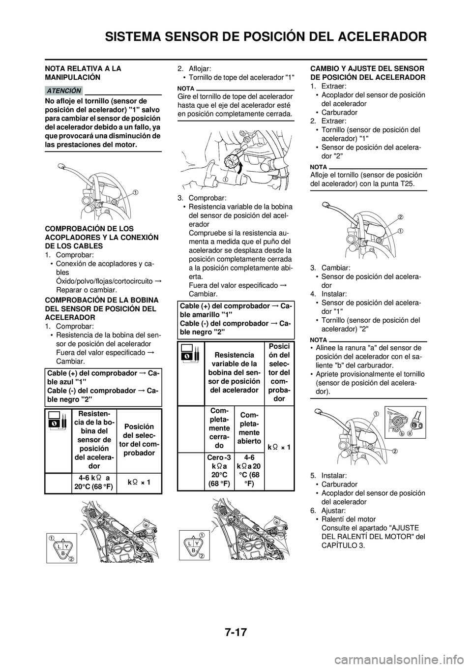 YAMAHA WR 250F 2009 Manuale de Empleo (in Spanish) 7-17
SISTEMA SENSOR DE POSICIÓN DEL ACELERADOR
NOTA RELATIVA A LA
MANIPULACIÓN
No afloje el tornillo (sensor de
posición del acelerador) "1" salvo
para cambiar el sensor de posición
del aceler YAMAHA WR 250F 2009 Manuale de Empleo (in Spanish) 7-17
SISTEMA SENSOR DE POSICIÓN DEL ACELERADOR
NOTA RELATIVA A LA
MANIPULACIÓN
No afloje el tornillo (sensor de
posición del acelerador) "1" salvo
para cambiar el sensor de posición
del aceler