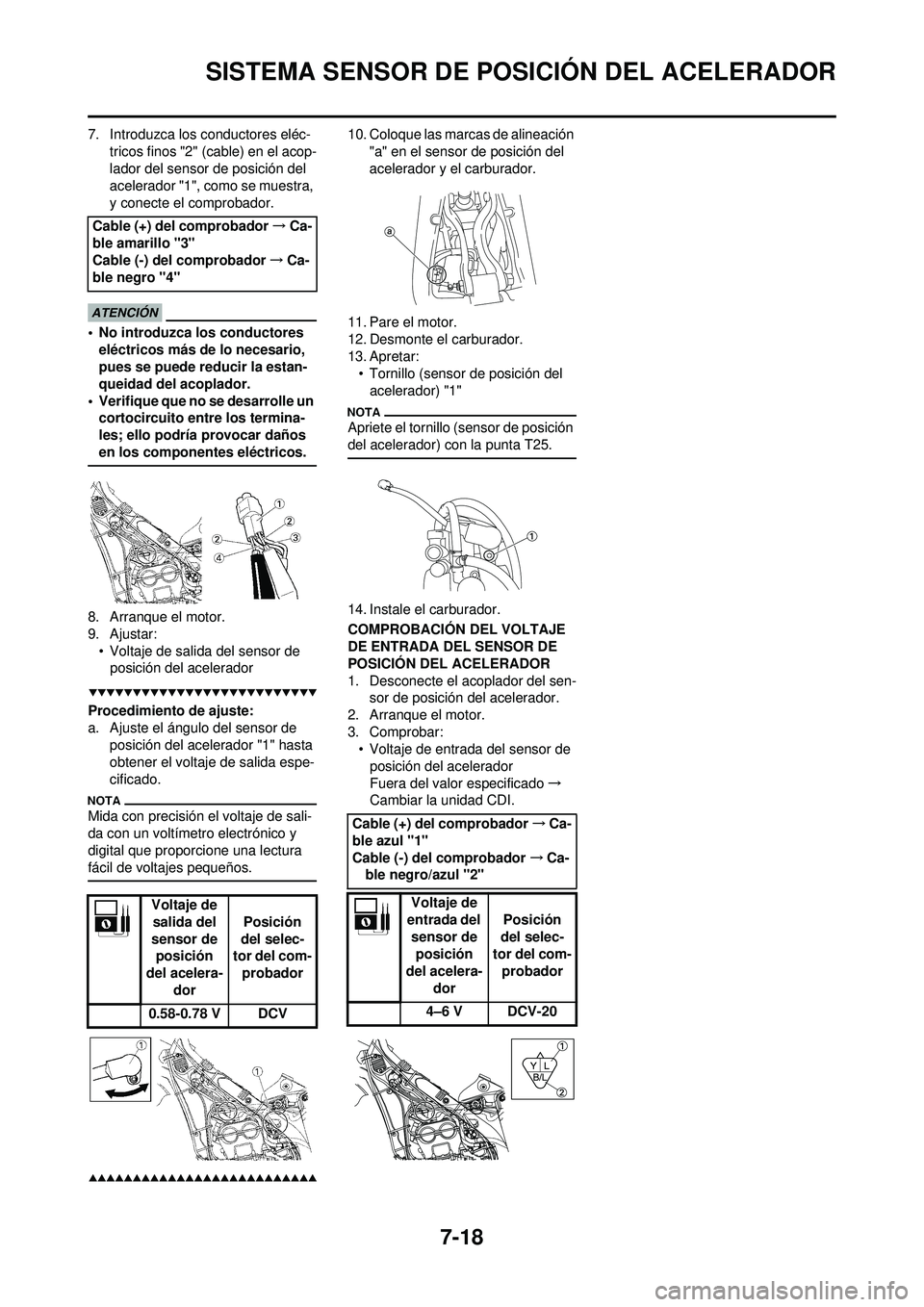 YAMAHA WR 250F 2009 Manuale de Empleo (in Spanish) 7-18
SISTEMA SENSOR DE POSICIÓN DEL ACELERADOR
7. Introduzca los conductores eléc-tricos finos "2" (cable) en el acop-
lador del sensor de posición del
acelerador "1", como se muestra,
y conecte YAMAHA WR 250F 2009 Manuale de Empleo (in Spanish) 7-18
SISTEMA SENSOR DE POSICIÓN DEL ACELERADOR
7. Introduzca los conductores eléc-tricos finos "2" (cable) en el acop-
lador del sensor de posición del
acelerador "1", como se muestra,
y conecte