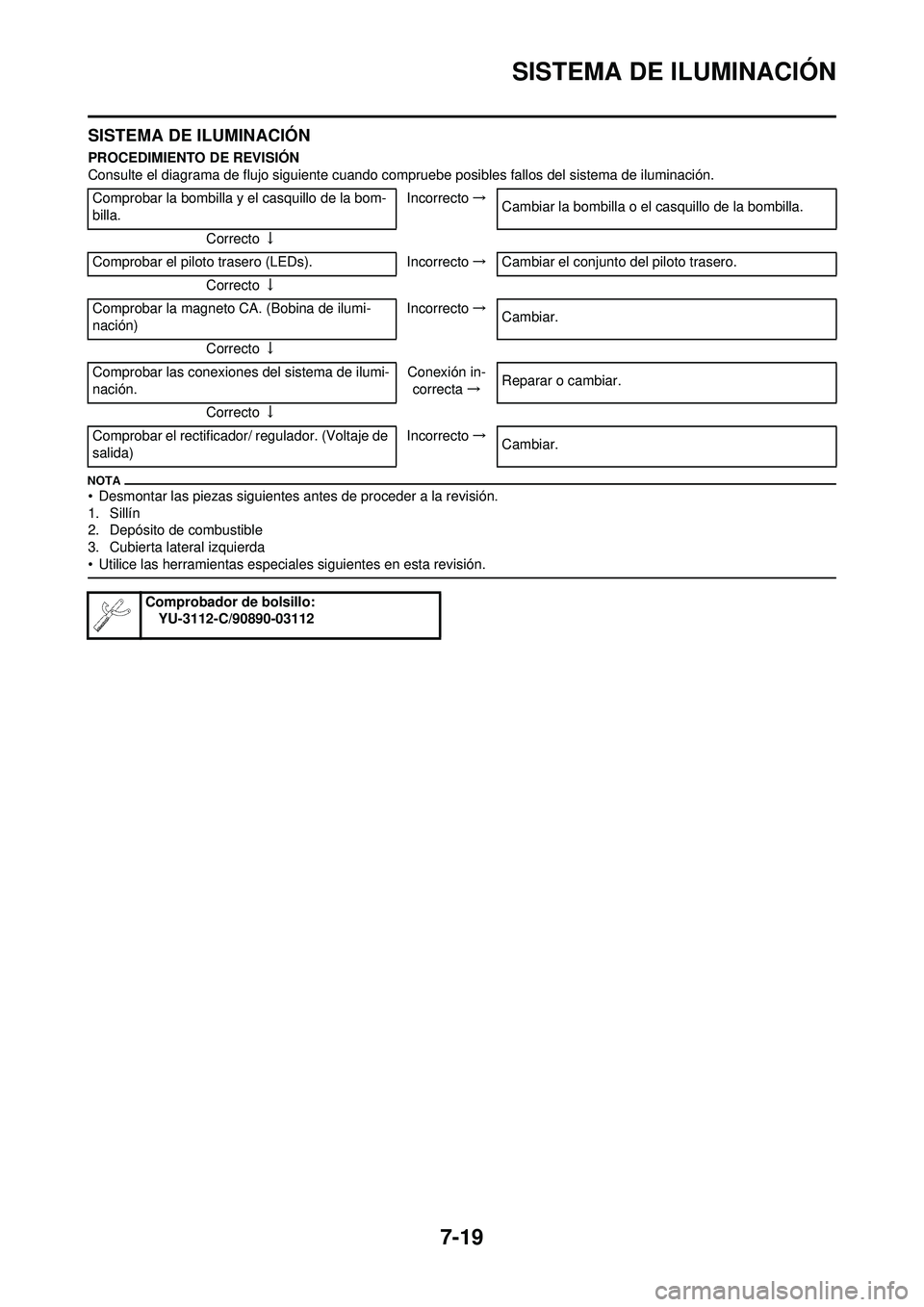YAMAHA WR 250F 2009 Manuale de Empleo (in Spanish) 7-19
SISTEMA DE ILUMINACIÓN
SISTEMA DE ILUMINACIÓN
PROCEDIMIENTO DE REVISIÓN
Consulte el diagrama de flujo siguiente cuando compruebe posibles fallos del sistema de iluminación.
• Desmontar las YAMAHA WR 250F 2009 Manuale de Empleo (in Spanish) 7-19
SISTEMA DE ILUMINACIÓN
SISTEMA DE ILUMINACIÓN
PROCEDIMIENTO DE REVISIÓN
Consulte el diagrama de flujo siguiente cuando compruebe posibles fallos del sistema de iluminación.
• Desmontar las