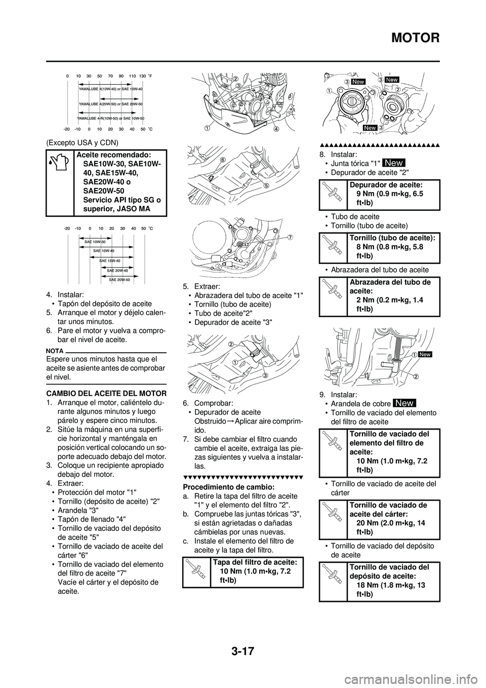 YAMAHA WR 250F 2009  Manuale de Empleo (in Spanish) 3-17
MOTOR
(Excepto USA y CDN)
4. Instalar:• Tapón del depósito de aceite
5. Arranque el motor y déjelo calen-
tar unos minutos.
6. Pare el motor y vuelva a compro- bar el nivel de aceite.
Espere