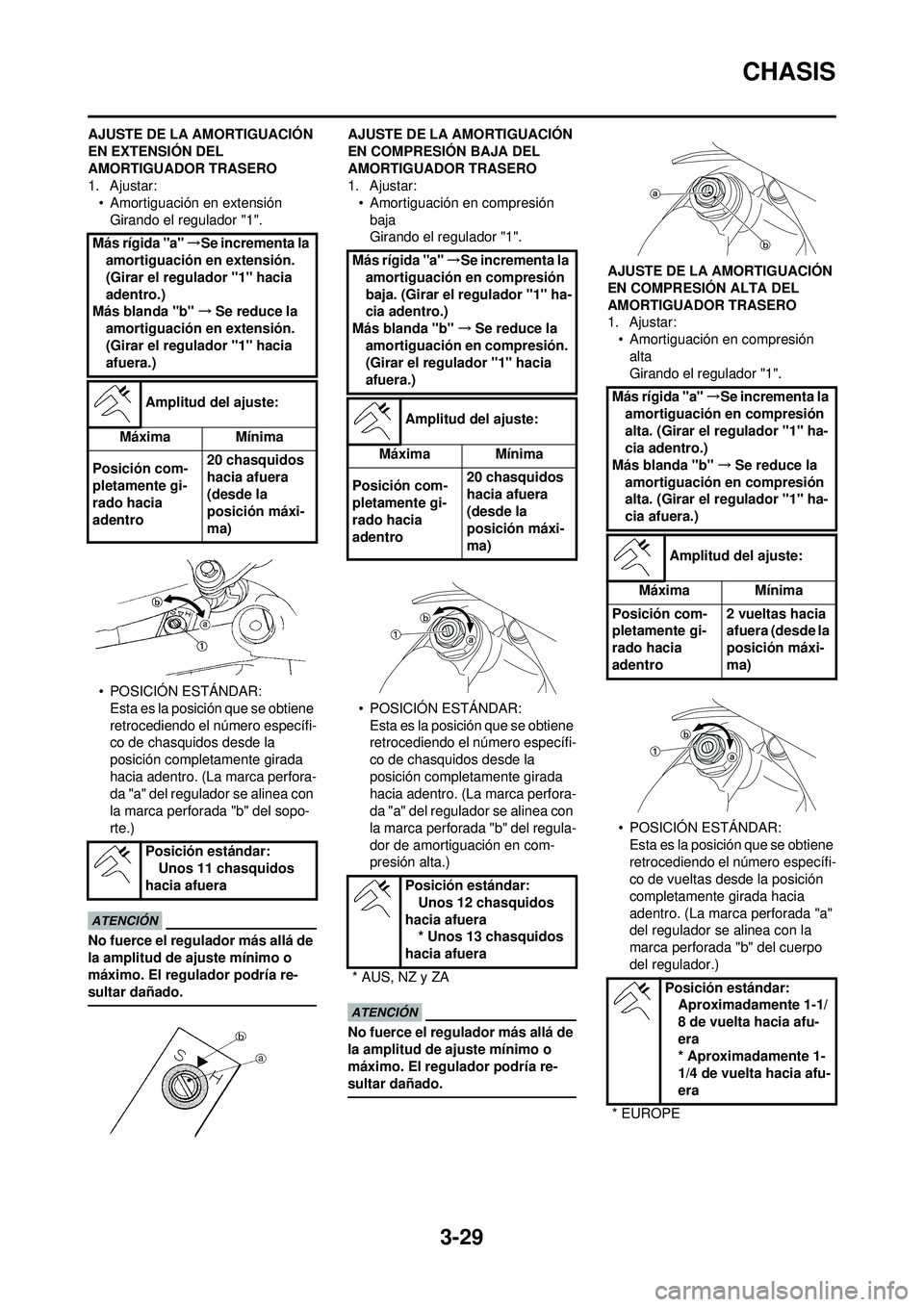 YAMAHA WR 250F 2009  Manuale de Empleo (in Spanish) 3-29
CHASIS
AJUSTE DE LA AMORTIGUACIÓN 
EN EXTENSIÓN DEL 
AMORTIGUADOR TRASERO
1. Ajustar:• Amortiguación en extensiónGirando el regulador "1".
• POSICIÓN ESTÁNDAR: Esta es la posición que 
