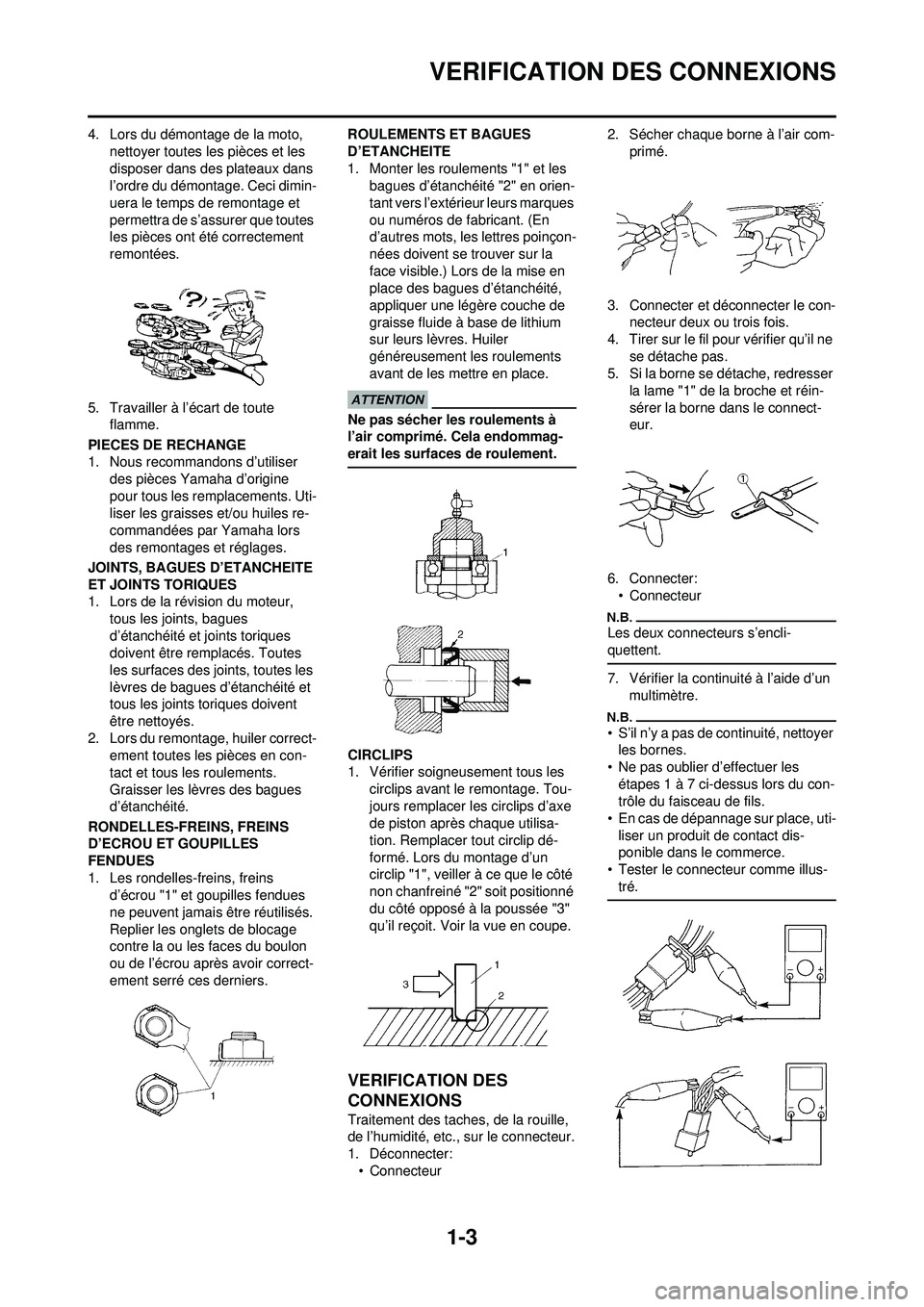 YAMAHA WR 250F 2009  Notices Demploi (in French) 1-3
VERIFICATION DES CONNEXIONS
4. Lors du démontage de la moto, nettoyer toutes les pièces et les 
disposer dans des plateaux dans 
l’ordre du démontage. Ceci dimin-
uera le temps de remontage e