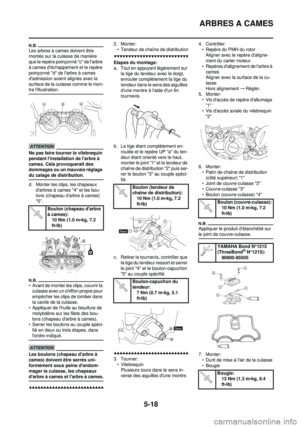 YAMAHA WR 250F 2009 Notices Demploi (in French) 5-18
ARBRES A CAMES
Les arbres à cames doivent être
montés sur la culasse de manière
que le repère poinçonné "c" de larbre
à cames déchappement et le repère
poinçonné "d" de larbre YAMAHA WR 250F 2009 Notices Demploi (in French) 5-18
ARBRES A CAMES
Les arbres à cames doivent être
montés sur la culasse de manière
que le repère poinçonné "c" de larbre
à cames déchappement et le repère
poinçonné "d" de larbre