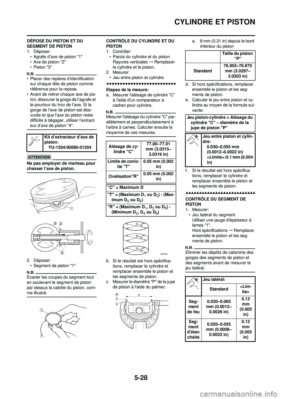 YAMAHA WR 250F 2009 Notices Demploi (in French) 5-28
CYLINDRE ET PISTON
DÉPOSE DU PISTON ET DU
SEGMENT DE PISTON
1. Déposer:• Agrafe d’axe de piston "1"
• Axe de piston "2"
•Piston "3"
• Placer des repères d’identification sur chaqu YAMAHA WR 250F 2009 Notices Demploi (in French) 5-28
CYLINDRE ET PISTON
DÉPOSE DU PISTON ET DU
SEGMENT DE PISTON
1. Déposer:• Agrafe d’axe de piston "1"
• Axe de piston "2"
•Piston "3"
• Placer des repères d’identification sur chaqu