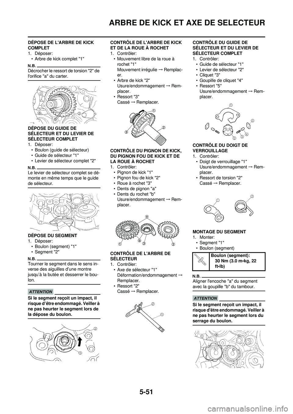 YAMAHA WR 250F 2009 Notices Demploi (in French) 5-51
ARBRE DE KICK ET AXE DE SELECTEUR
DÉPOSE DE LARBRE DE KICK
COMPLET
1. Déposer:• Arbre de kick complet "1"
Décrocher le ressort de torsion "2" de
lorifice "a" du carter.
DÉPOSE DU GUIDE YAMAHA WR 250F 2009 Notices Demploi (in French) 5-51
ARBRE DE KICK ET AXE DE SELECTEUR
DÉPOSE DE LARBRE DE KICK
COMPLET
1. Déposer:• Arbre de kick complet "1"
Décrocher le ressort de torsion "2" de
lorifice "a" du carter.
DÉPOSE DU GUIDE