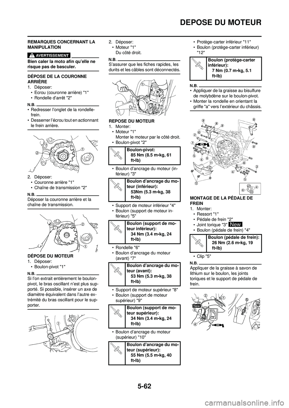 YAMAHA WR 250F 2009  Notices Demploi (in French) 5-62
DEPOSE DU MOTEUR
REMARQUES CONCERNANT LA 
MANIPULATION
Bien caler la moto afin qu’elle ne 
risque pas de basculer.
DÉPOSE DE LA COURONNE 
ARRIÈRE
1. Déposer:• Ecrou (couronne arrière) "1"