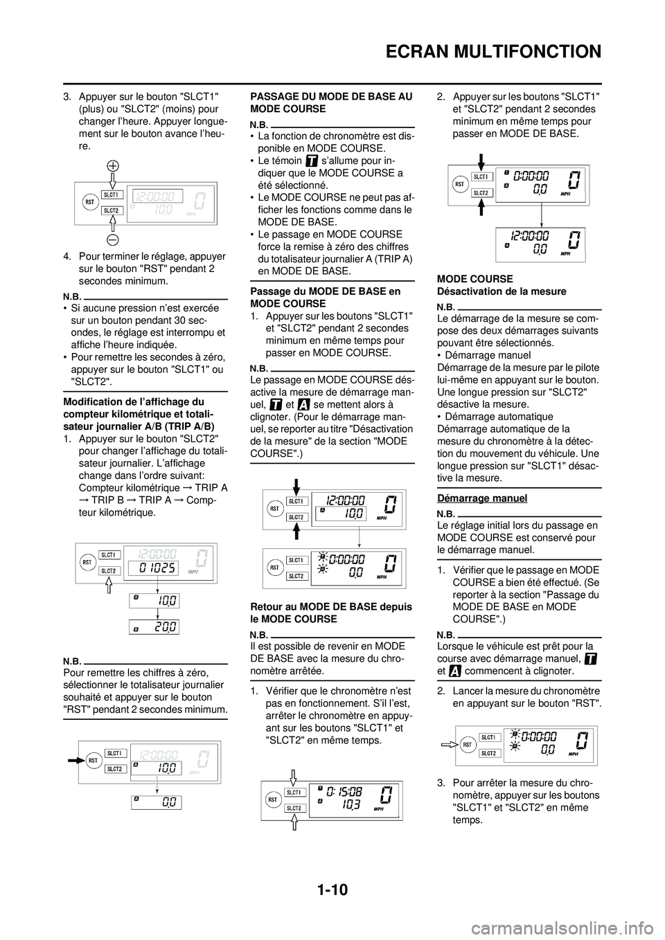 YAMAHA WR 250F 2009 Notices Demploi (in French) 1-10
ECRAN MULTIFONCTION
3. Appuyer sur le bouton "SLCT1" (plus) ou "SLCT2" (moins) pour
changer l’heure. Appuyer longue-
ment sur le bouton avance l’heu-
re.
4. Pour terminer le réglage, appuye YAMAHA WR 250F 2009 Notices Demploi (in French) 1-10
ECRAN MULTIFONCTION
3. Appuyer sur le bouton "SLCT1" (plus) ou "SLCT2" (moins) pour
changer l’heure. Appuyer longue-
ment sur le bouton avance l’heu-
re.
4. Pour terminer le réglage, appuye