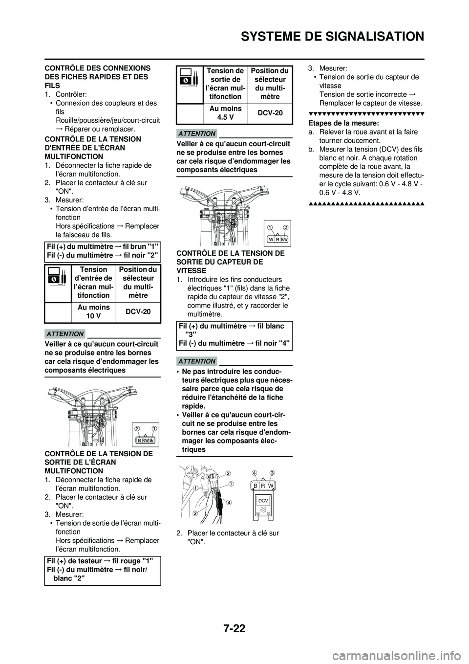 YAMAHA WR 250F 2009 Notices Demploi (in French) 7-22
SYSTEME DE SIGNALISATION
CONTRÔLE DES CONNEXIONS
DES FICHES RAPIDES ET DES
FILS
1. Contrôler:• Connexion des coupleurs et des fils
Rouille/poussière/jeu/court-circuit
→ Réparer ou rempl YAMAHA WR 250F 2009 Notices Demploi (in French) 7-22
SYSTEME DE SIGNALISATION
CONTRÔLE DES CONNEXIONS
DES FICHES RAPIDES ET DES
FILS
1. Contrôler:• Connexion des coupleurs et des fils
Rouille/poussière/jeu/court-circuit
→ Réparer ou rempl