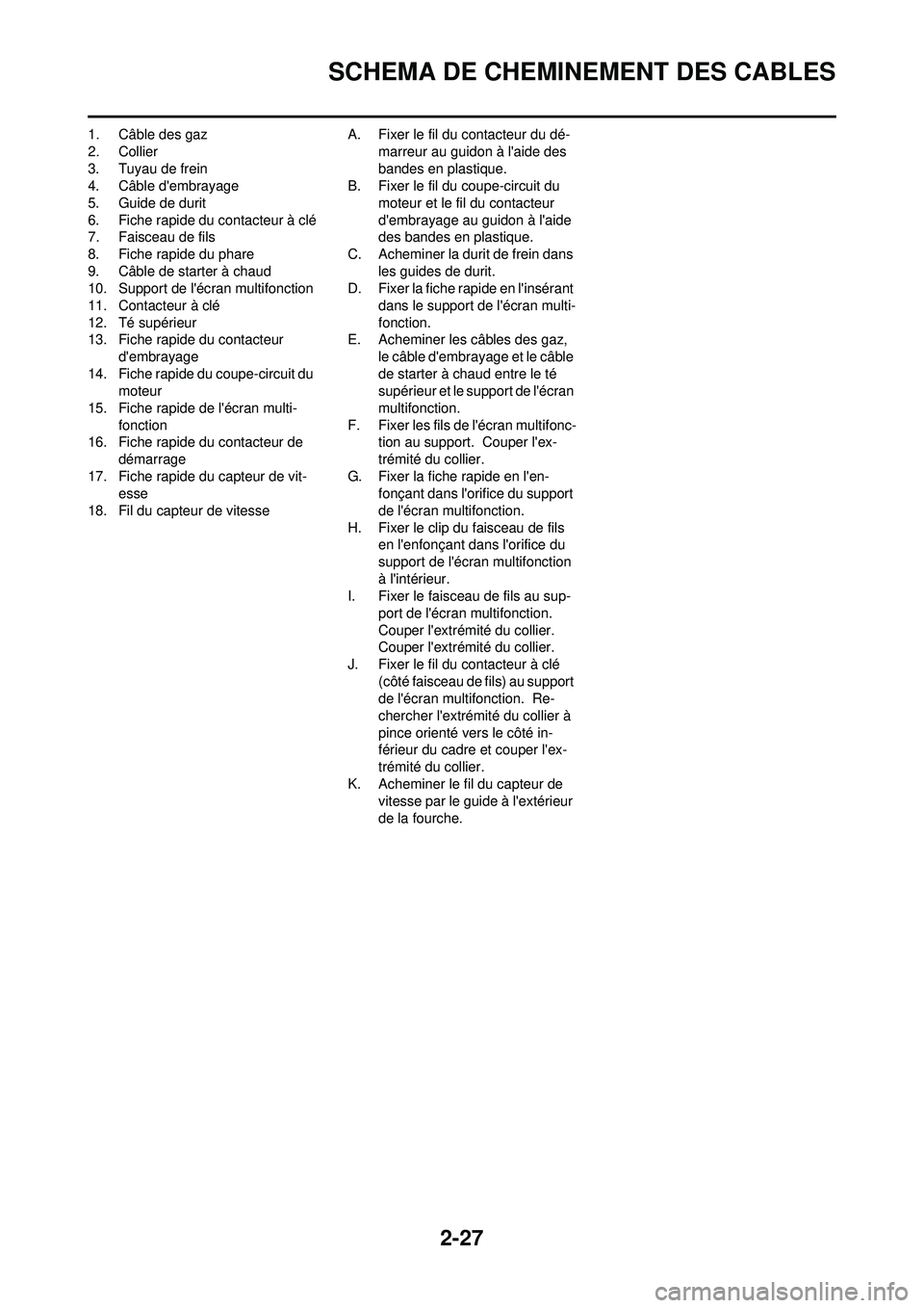 YAMAHA WR 250F 2009 Notices Demploi (in French) 2-27
SCHEMA DE CHEMINEMENT DES CABLES
1. Câble des gaz
2. Collier
3. Tuyau de frein
4. Câble dembrayage
5. Guide de durit
6. Fiche rapide du contacteur à clé
7. Faisceau de fils
8. Fiche rapide d YAMAHA WR 250F 2009 Notices Demploi (in French) 2-27
SCHEMA DE CHEMINEMENT DES CABLES
1. Câble des gaz
2. Collier
3. Tuyau de frein
4. Câble dembrayage
5. Guide de durit
6. Fiche rapide du contacteur à clé
7. Faisceau de fils
8. Fiche rapide d