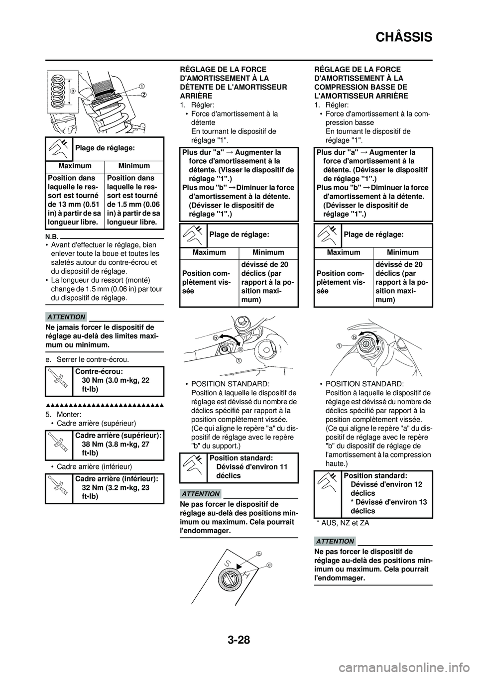 YAMAHA WR 250F 2009 Notices Demploi (in French) 3-28
CHÂSSIS
• Avant deffectuer le réglage, bien enlever toute la boue et toutes les
saletés autour du contre-écrou et
du dispositif de réglage.
• La longueur du ressort (monté)
change d YAMAHA WR 250F 2009 Notices Demploi (in French) 3-28
CHÂSSIS
• Avant deffectuer le réglage, bien enlever toute la boue et toutes les
saletés autour du contre-écrou et
du dispositif de réglage.
• La longueur du ressort (monté)
change d