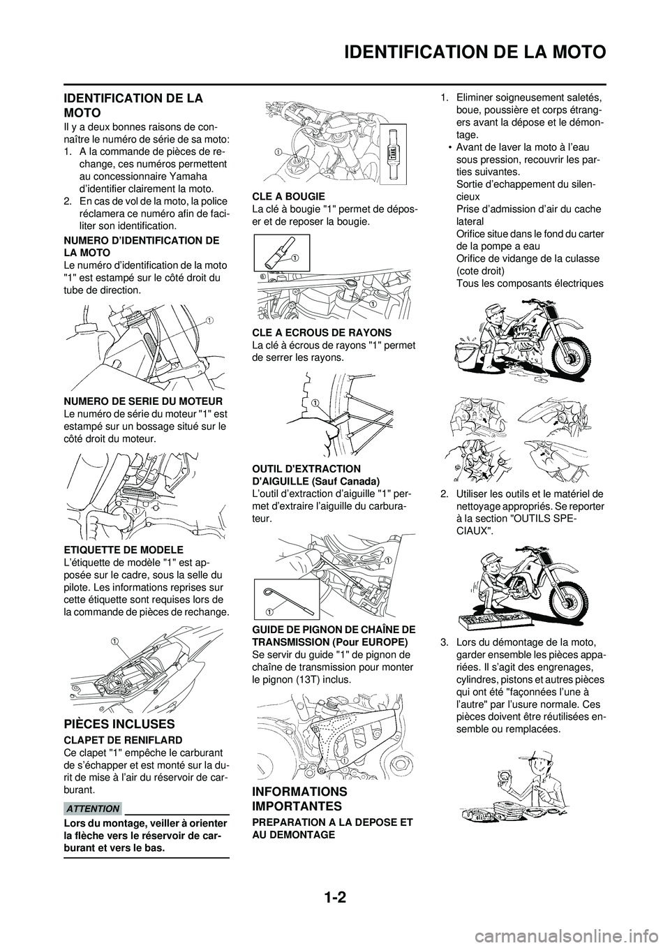 YAMAHA WR 250F 2009  Notices Demploi (in French) 1-2
IDENTIFICATION DE LA MOTO
IDENTIFICATION DE LA 
MOTO
Il y a deux bonnes raisons de con-
naître le numéro de série de sa moto:
1. A la commande de pièces de re-change, ces numéros permettent 
