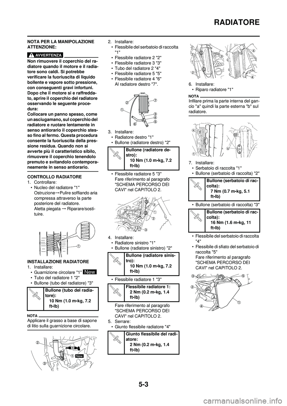 YAMAHA WR 250F 2009 Manuale duso (in Italian) 5-3
RADIATORE
NOTA PER LA MANIPOLAZIONE
ATTENZIONE:
Non rimuovere il coperchio del ra-
diatore quando il motore e il radia-
tore sono caldi. Si potrebbe
verificare la fuoriuscita di liquido
bollent YAMAHA WR 250F 2009 Manuale duso (in Italian) 5-3
RADIATORE
NOTA PER LA MANIPOLAZIONE
ATTENZIONE:
Non rimuovere il coperchio del ra-
diatore quando il motore e il radia-
tore sono caldi. Si potrebbe
verificare la fuoriuscita di liquido
bollent