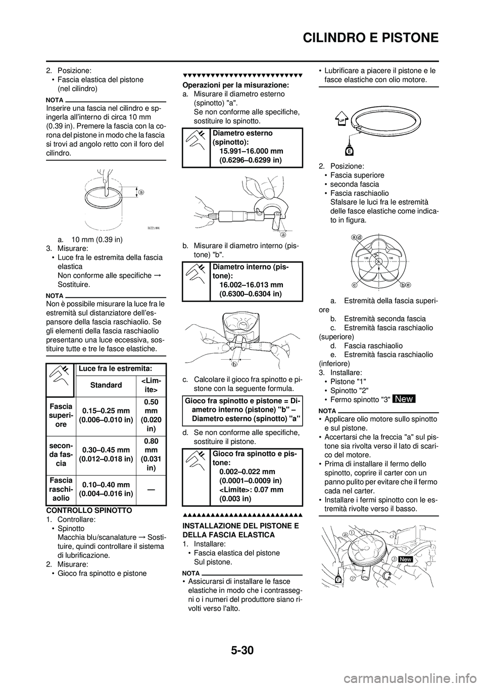 YAMAHA WR 250F 2009 Manuale duso (in Italian) 5-30
CILINDRO E PISTONE
2. Posizione:• Fascia elastica del pistone(nel cilindro)
Inserire una fascia nel cilindro e sp-
ingerla all’interno di circa 10 mm
(0.39 in). Premere la fascia con la co-
YAMAHA WR 250F 2009 Manuale duso (in Italian) 5-30
CILINDRO E PISTONE
2. Posizione:• Fascia elastica del pistone(nel cilindro)
Inserire una fascia nel cilindro e sp-
ingerla all’interno di circa 10 mm
(0.39 in). Premere la fascia con la co-