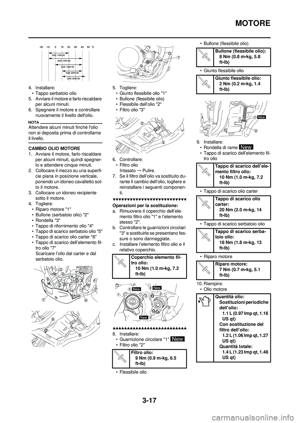 YAMAHA WR 250F 2009  Manuale duso (in Italian) 3-17
MOTORE
4. Installare:• Tappo serbatoio olio
5. Avviare il motore e farlo riscaldare  per alcuni minuti.
6. Spegnere il motore e controllare  nuovamente il livello dellolio.
Attendere alcuni mi