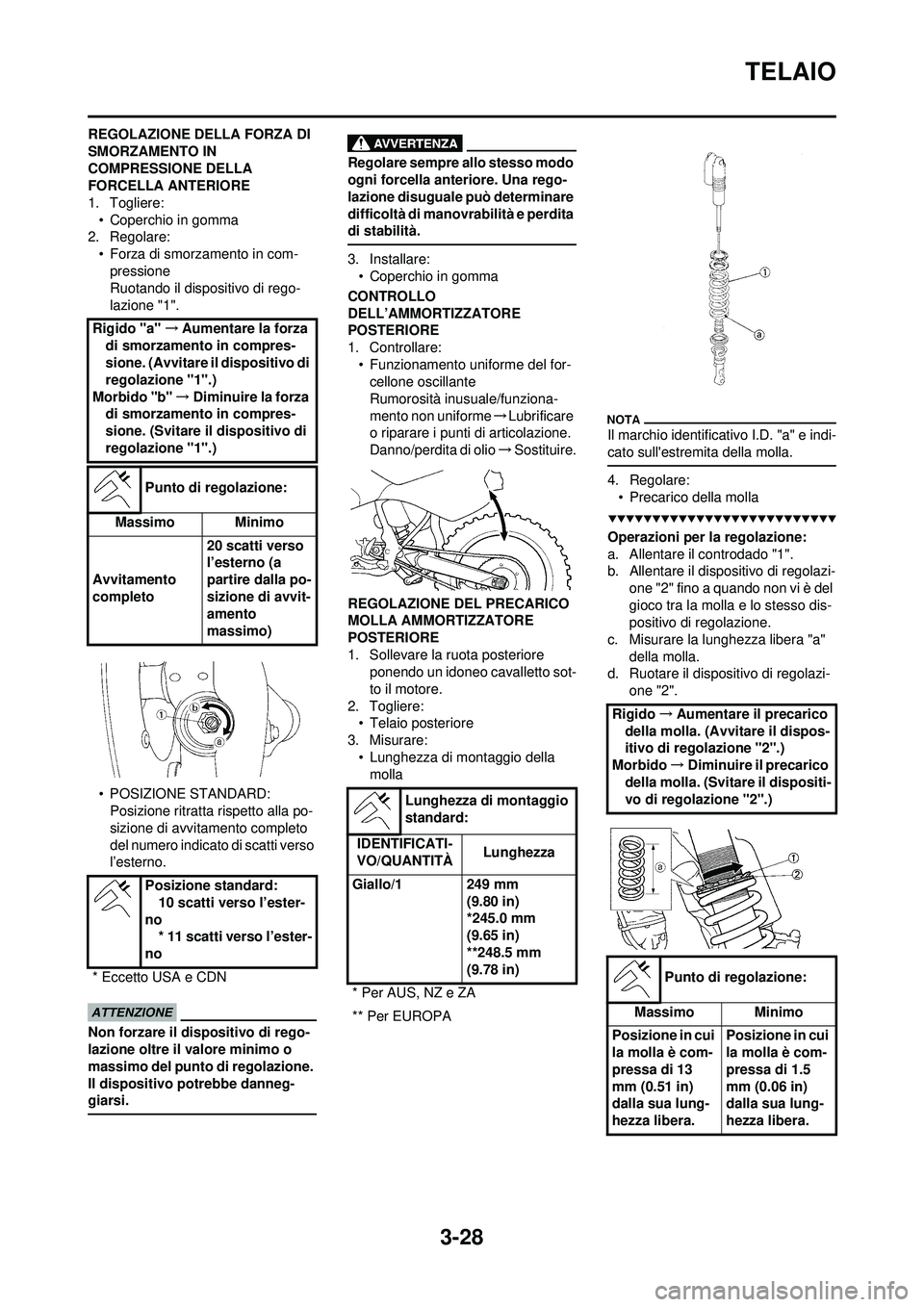 YAMAHA WR 250F 2009  Manuale duso (in Italian) 3-28
TELAIO
REGOLAZIONE DELLA FORZA DI 
SMORZAMENTO IN 
COMPRESSIONE DELLA 
FORCELLA ANTERIORE
1. Togliere:• Coperchio in gomma
2. Regolare:
• Forza di smorzamento in com-pressione
Ruotando il dis