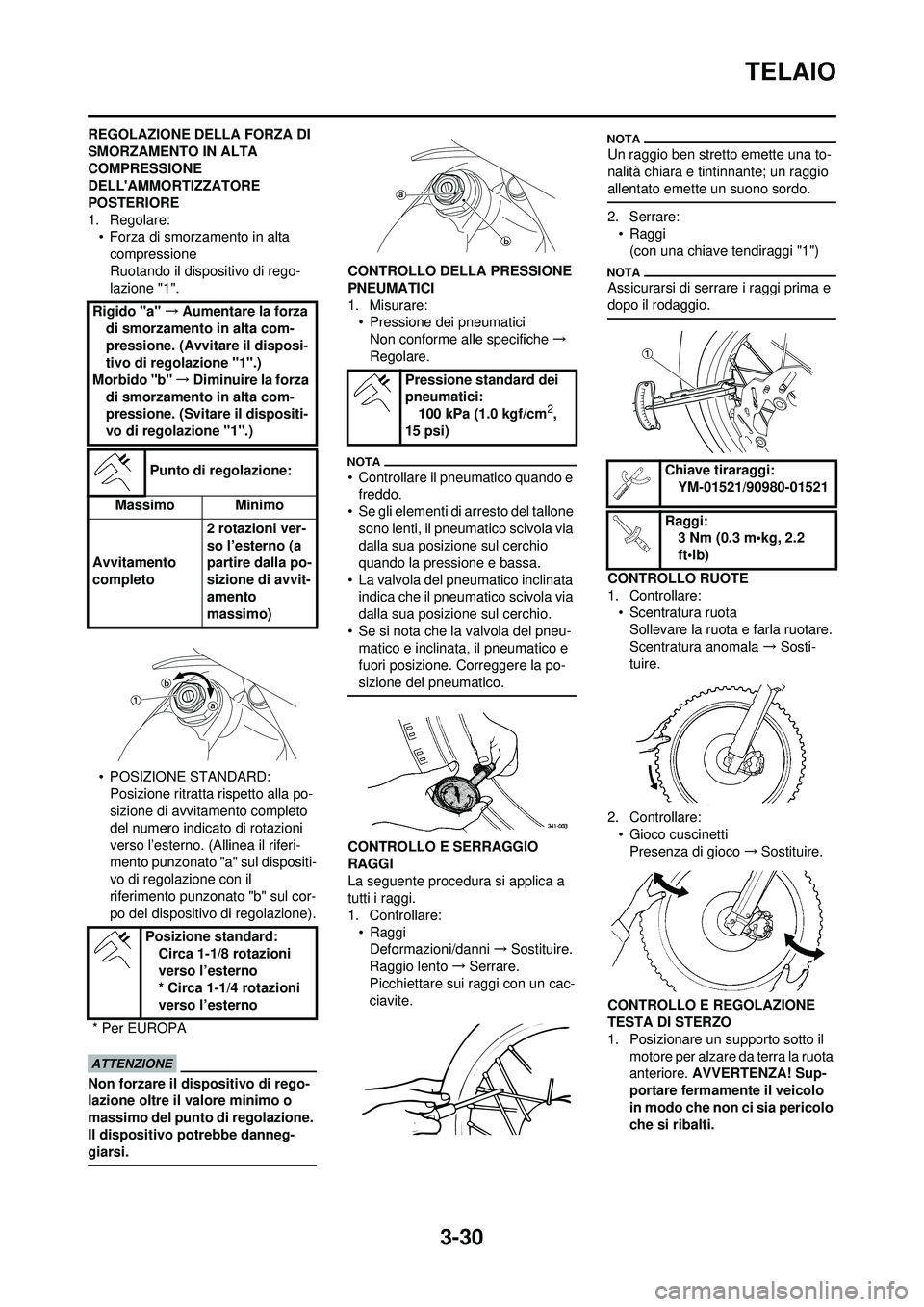 YAMAHA WR 250F 2009  Manuale duso (in Italian) 3-30
TELAIO
REGOLAZIONE DELLA FORZA DI 
SMORZAMENTO IN ALTA 
COMPRESSIONE 
DELLAMMORTIZZATORE 
POSTERIORE
1. Regolare:• Forza di smorzamento in alta 
compressione
Ruotando il dispositivo di rego-
l
