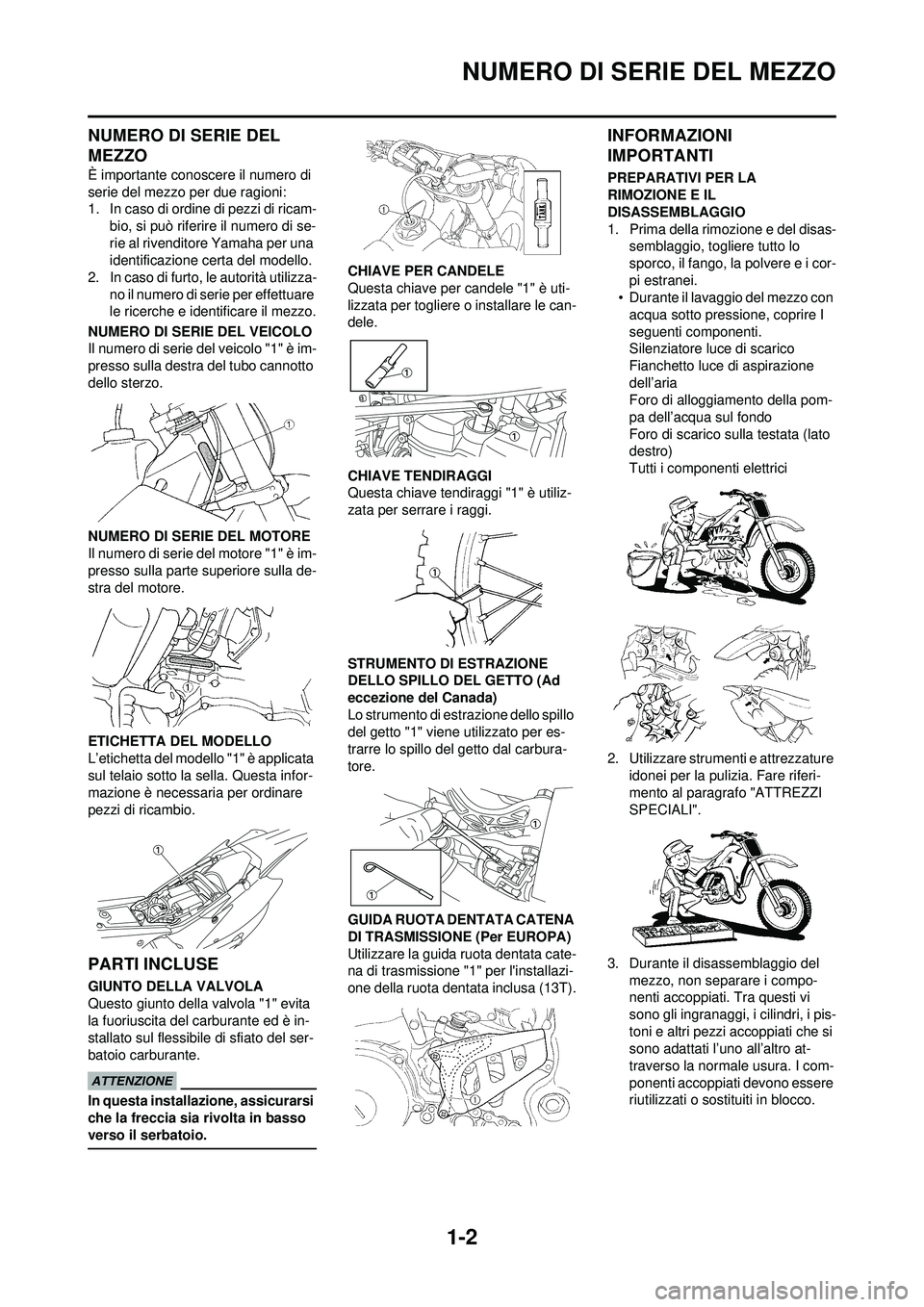 YAMAHA WR 250F 2009 Manuale duso (in Italian) 1-2
NUMERO DI SERIE DEL MEZZO
NUMERO DI SERIE DEL
MEZZO
È importante conoscere il numero di
serie del mezzo per due ragioni:
1. In caso di ordine di pezzi di ricam-bio, si può riferire il numero d YAMAHA WR 250F 2009 Manuale duso (in Italian) 1-2
NUMERO DI SERIE DEL MEZZO
NUMERO DI SERIE DEL
MEZZO
È importante conoscere il numero di
serie del mezzo per due ragioni:
1. In caso di ordine di pezzi di ricam-bio, si può riferire il numero d